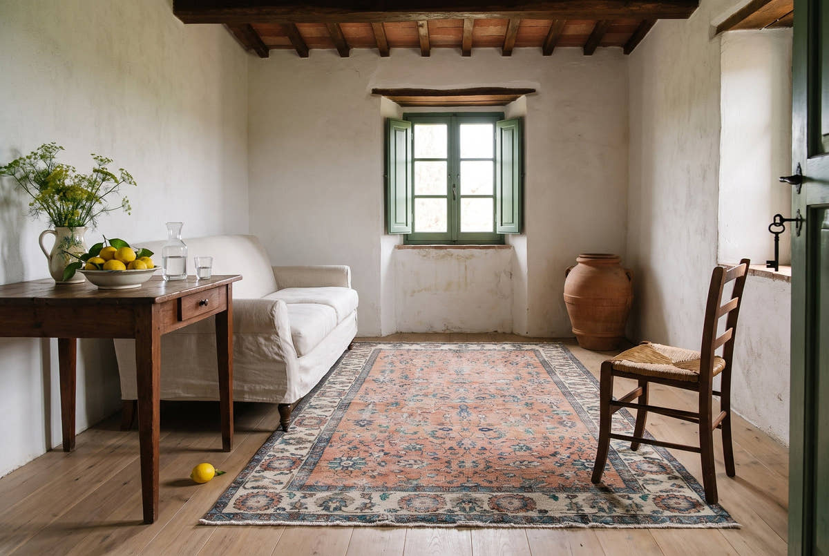 A terracotta vintage Turkish Isparta rug in a stone farmhouse sitting room in Tuscany