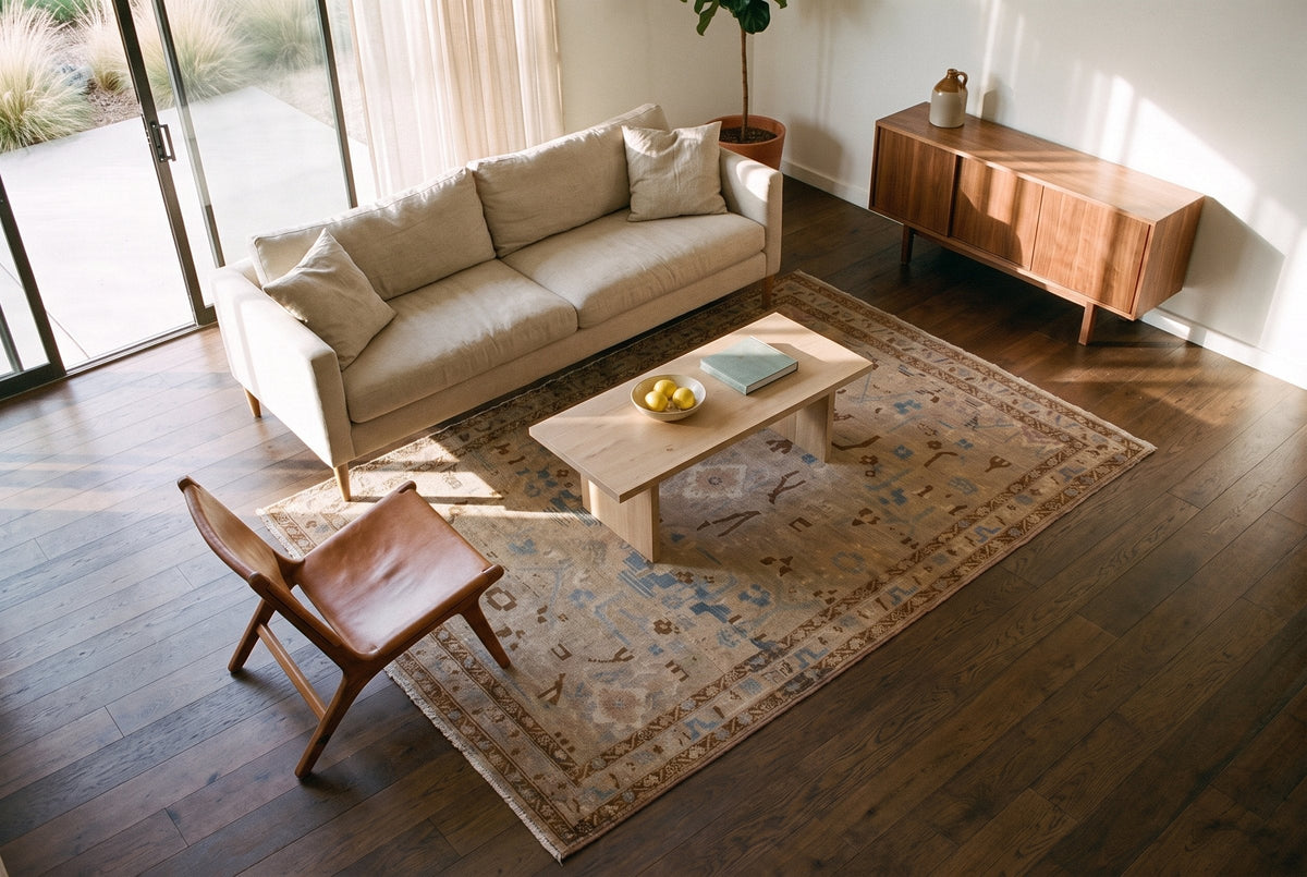 A large vintage Persian Borujerd rug seen from above in the living room of a 1958 single-story ranch house in Ojai, California