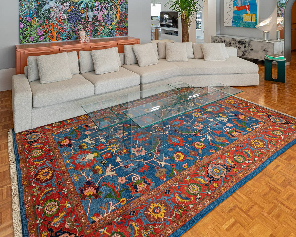 Vintage blue rug in a living room