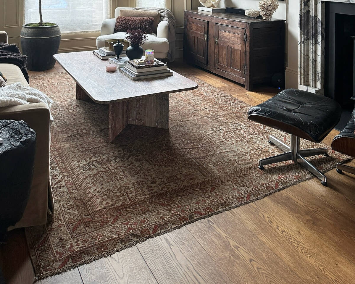 Vintage brown rug in a living room