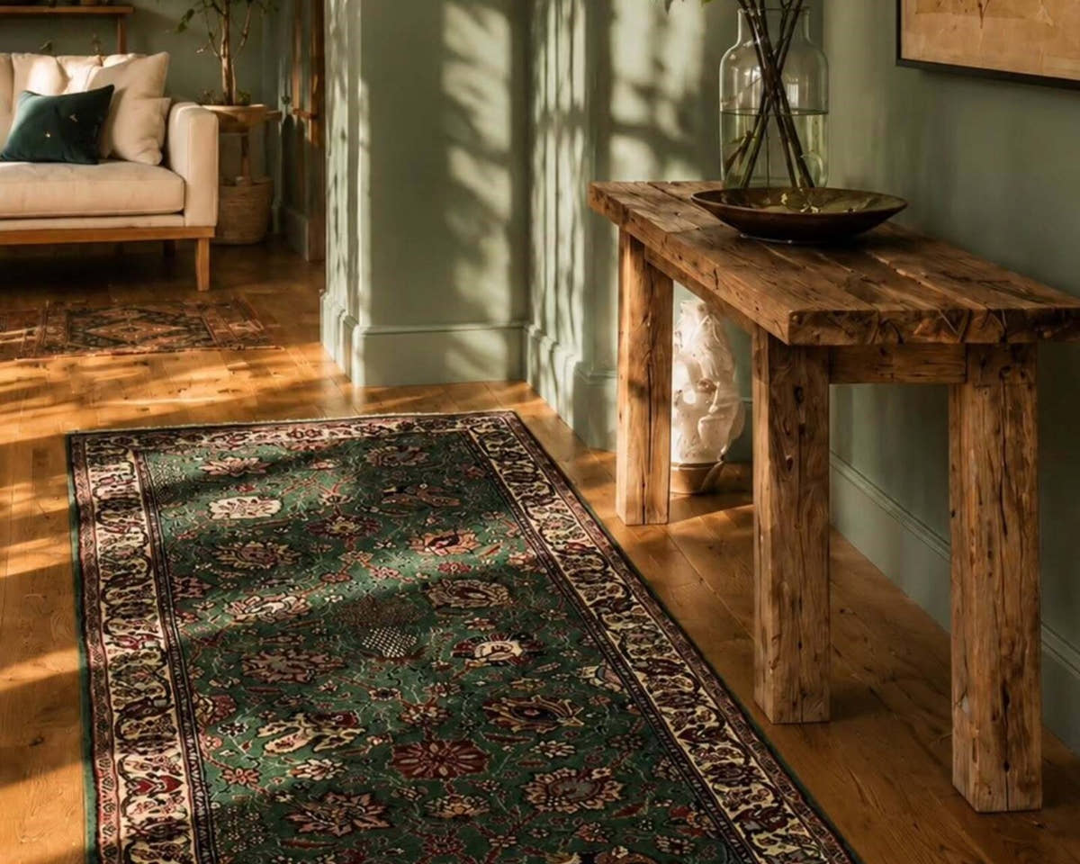Vintage green runner rug in a hallway