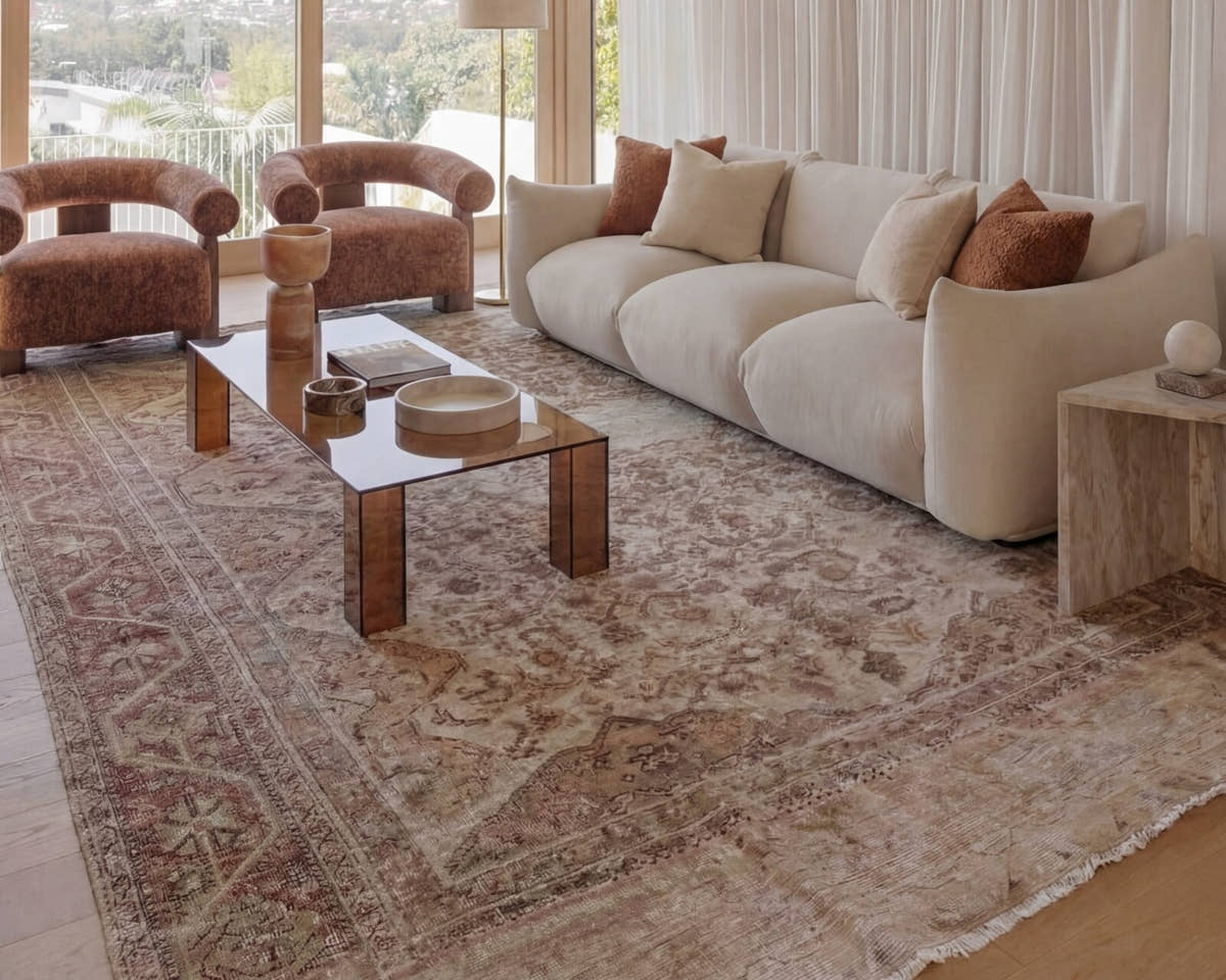 Vintage rug in neutral tones in a living room