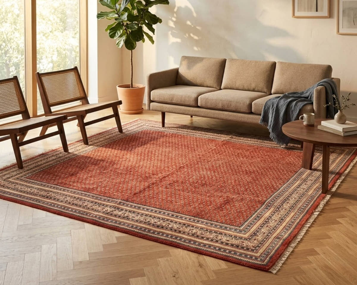 Vintage red rug in a living room