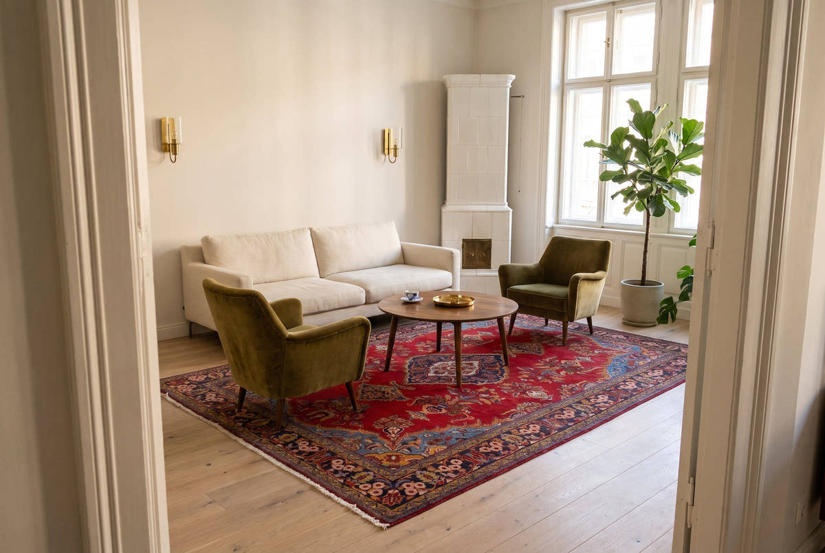 A red vintage Persian Mahal rug in the salon of an Altbau apartment in Vienna