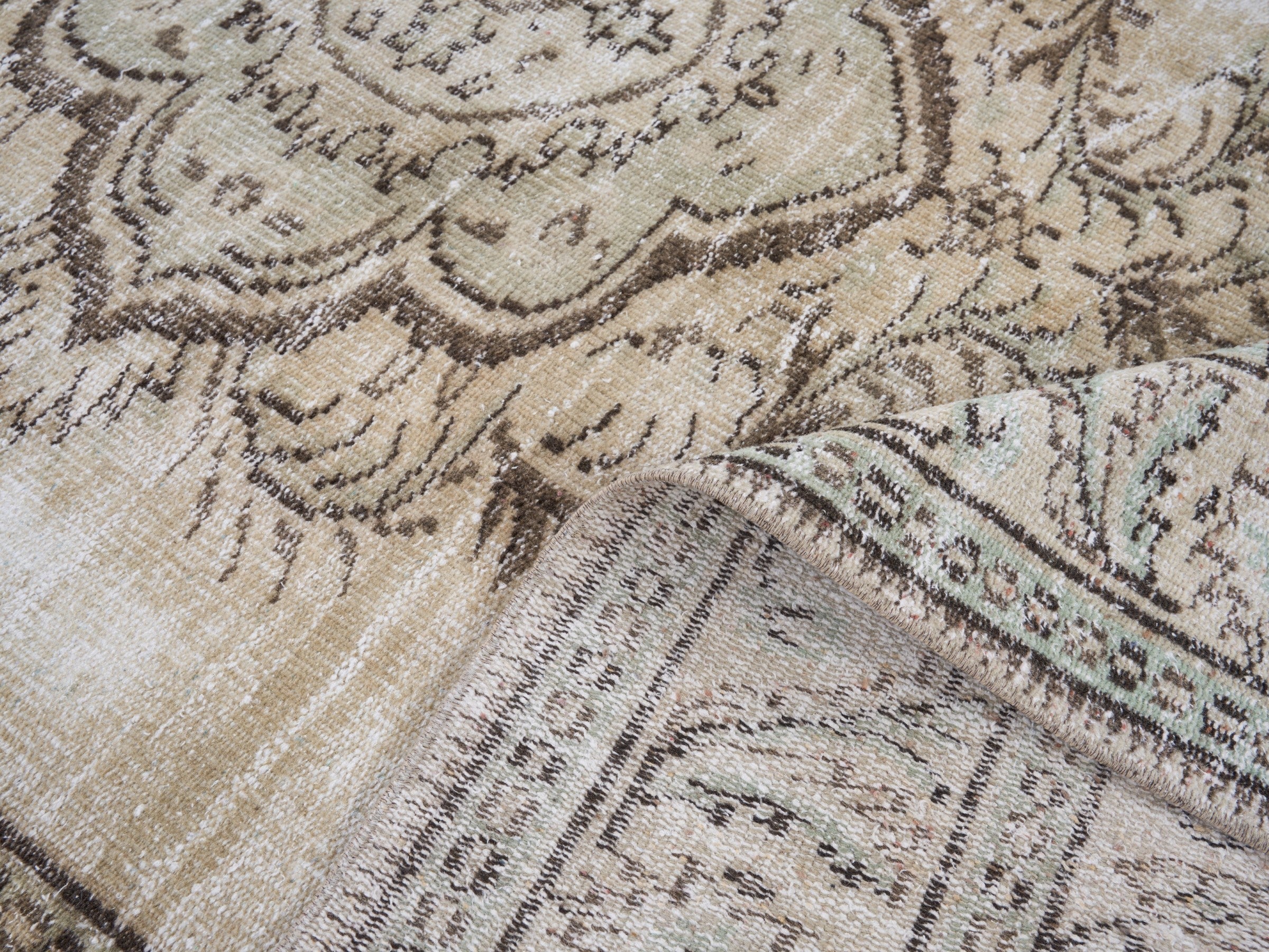 Turkish Manisa area rug in cream and dark brown, view 9 of 10