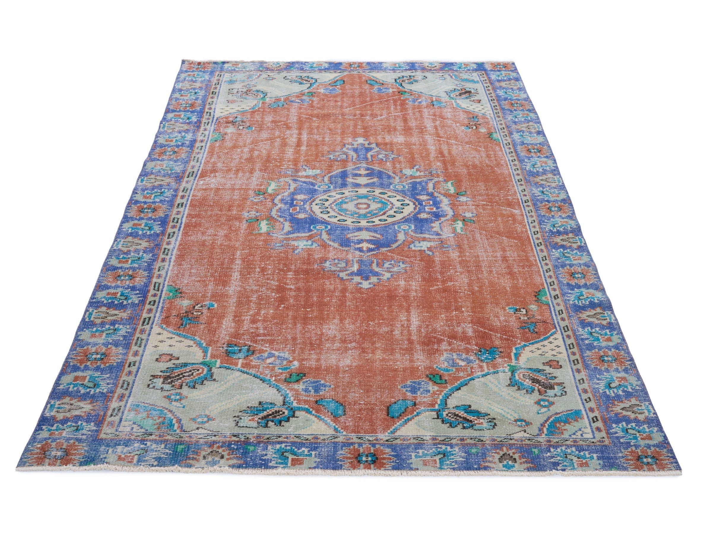 Turkish Manisa area rug in rust and navy, view 2 of 10