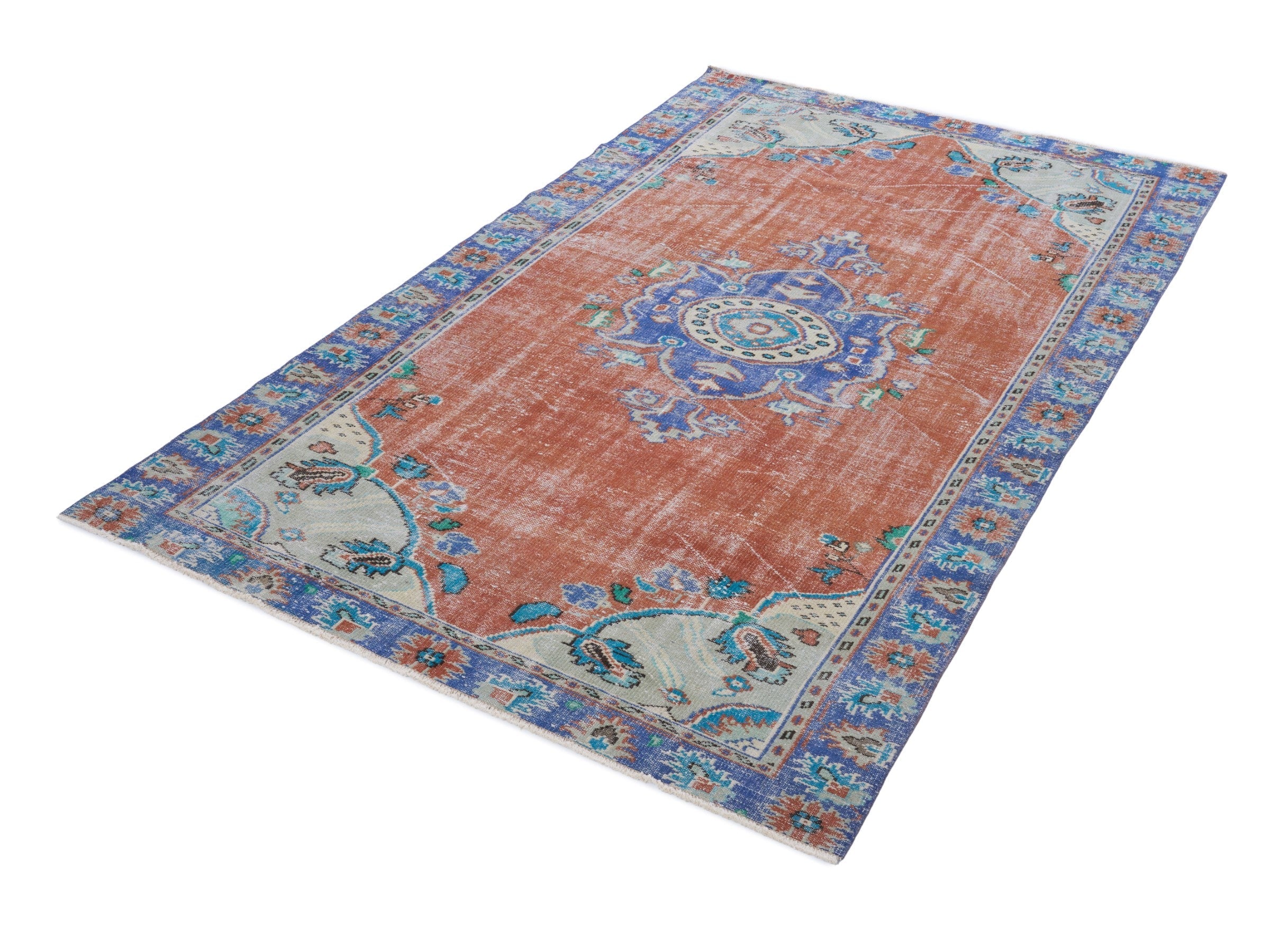 Turkish Manisa area rug in rust and navy, view 3 of 10