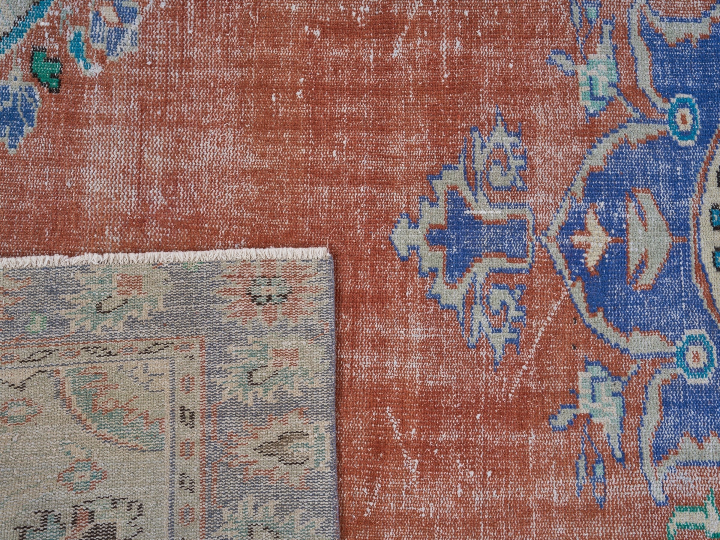Turkish Manisa area rug in rust and navy, view 10 of 10