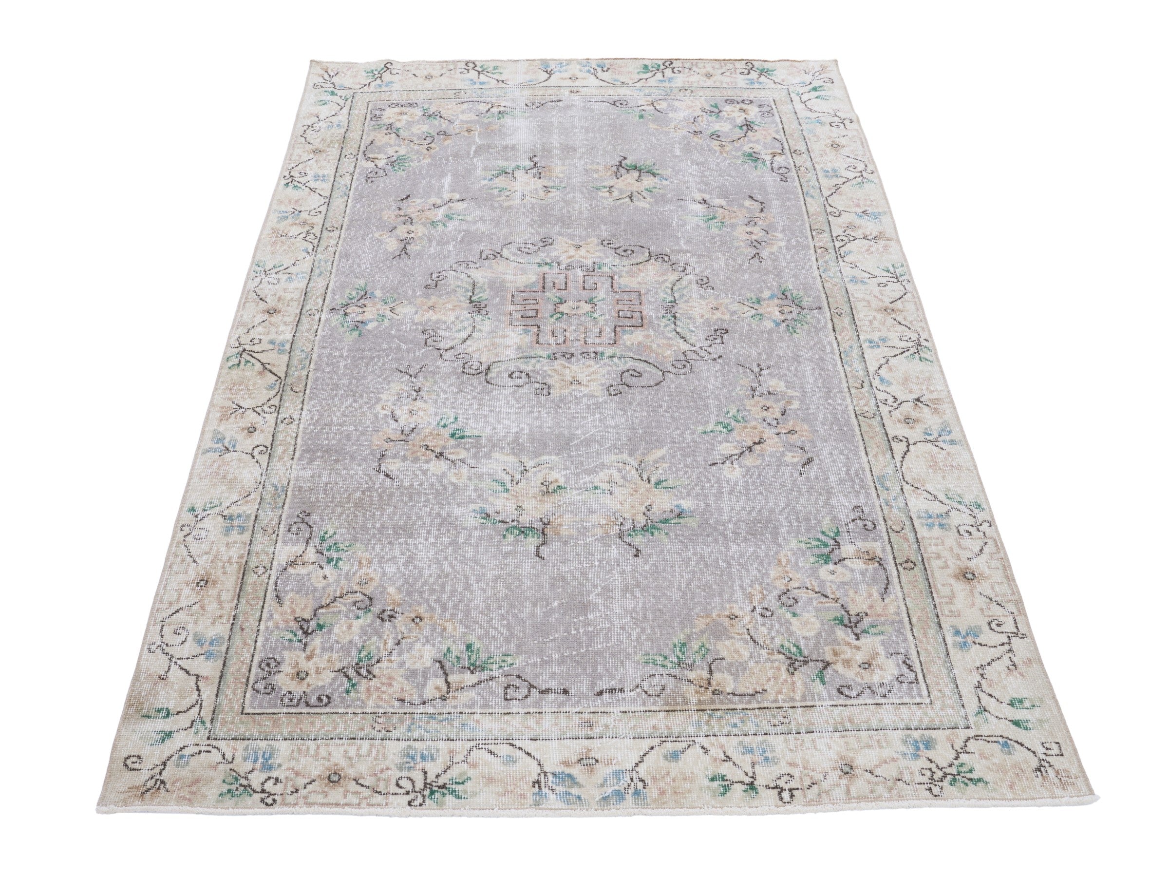 Turkish Isparta area rug in dusty blue and cream, view 2 of 10