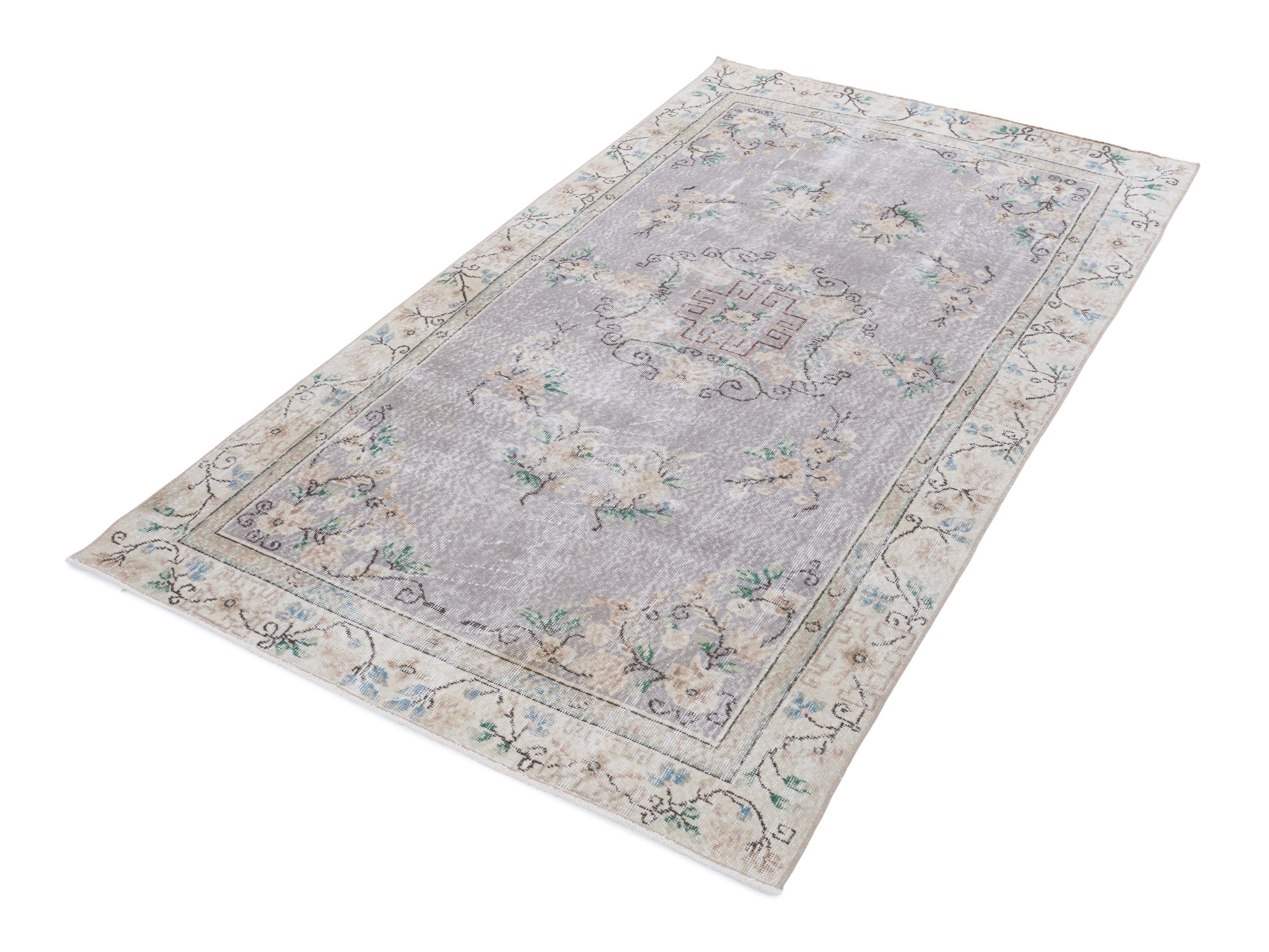 Turkish Isparta area rug in dusty blue and cream, view 3 of 10