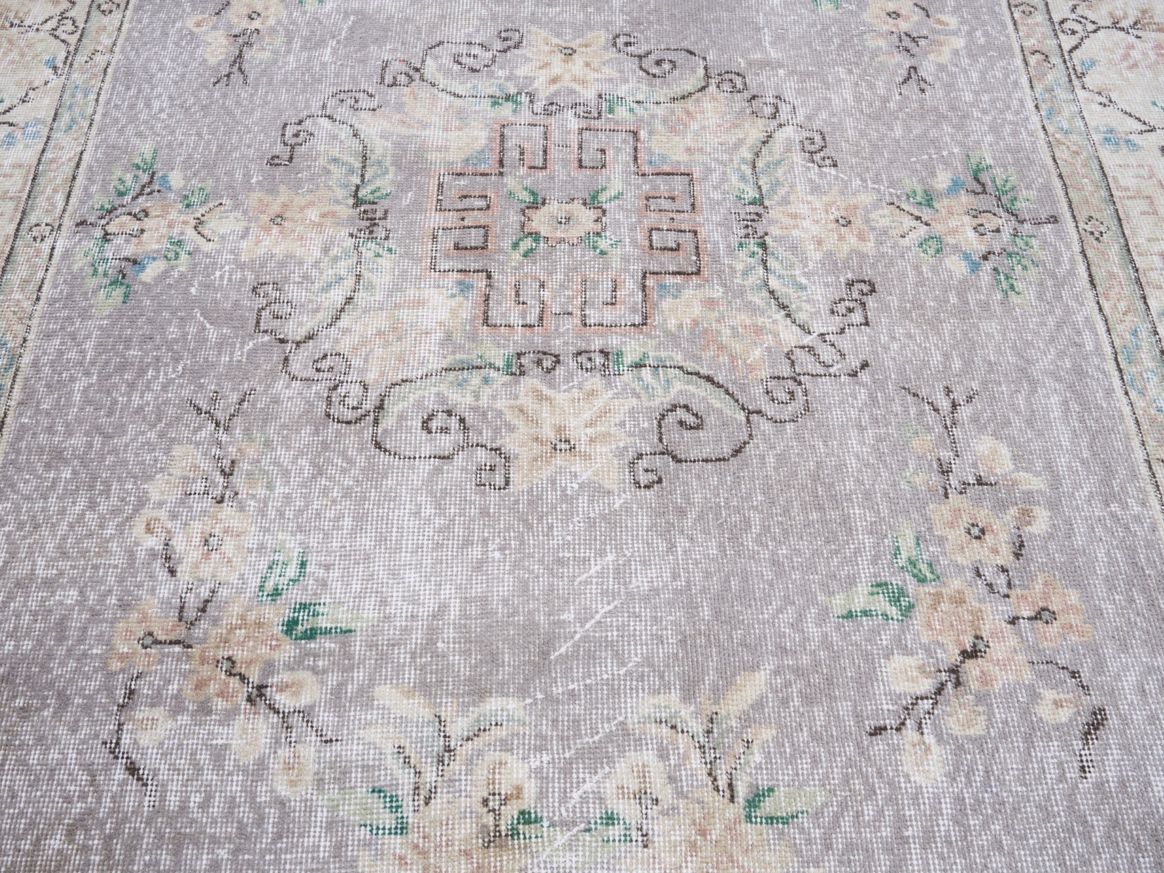 Turkish Isparta area rug in dusty blue and cream, view 4 of 10