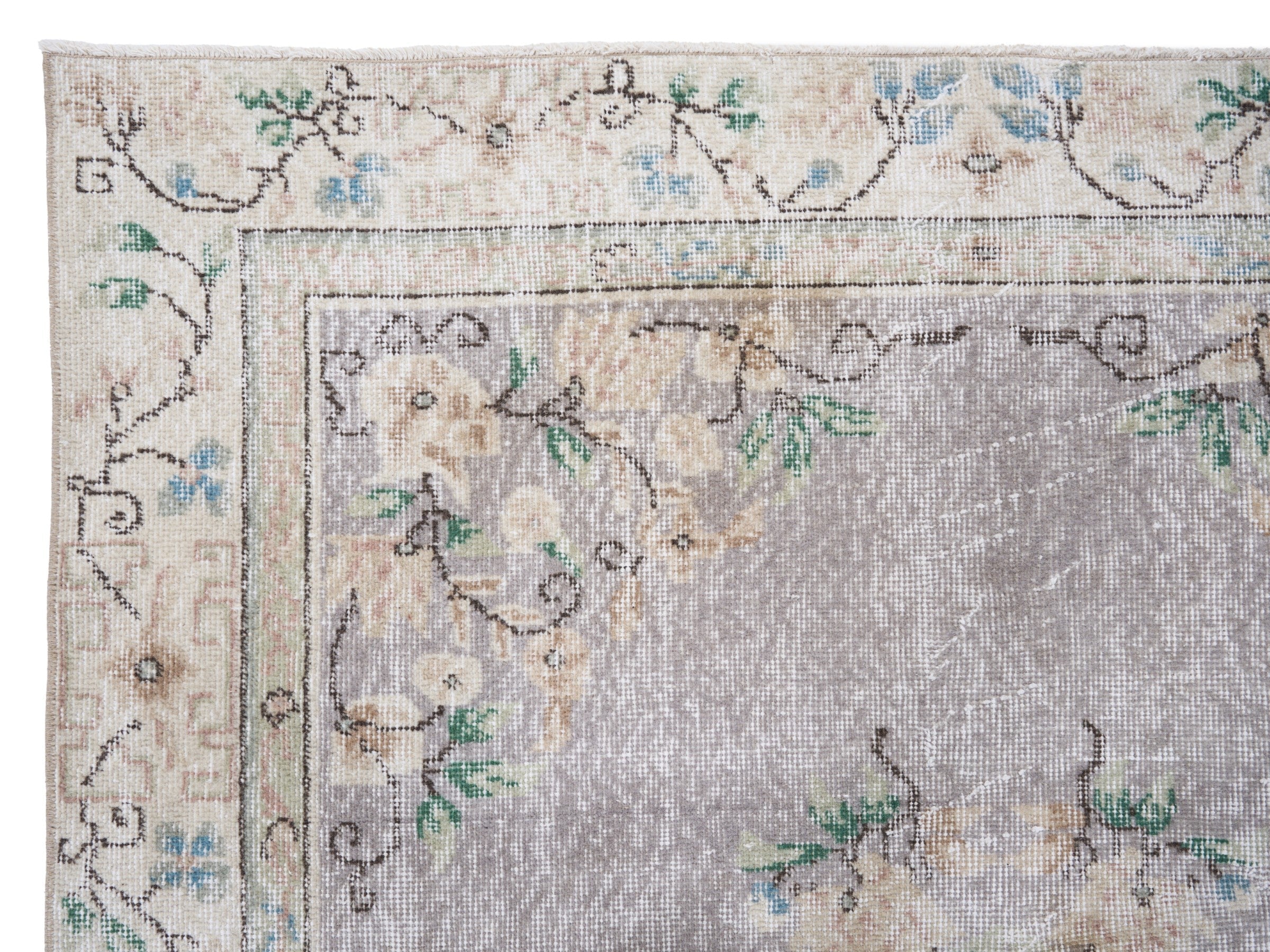 Turkish Isparta area rug in dusty blue and cream, view 8 of 10