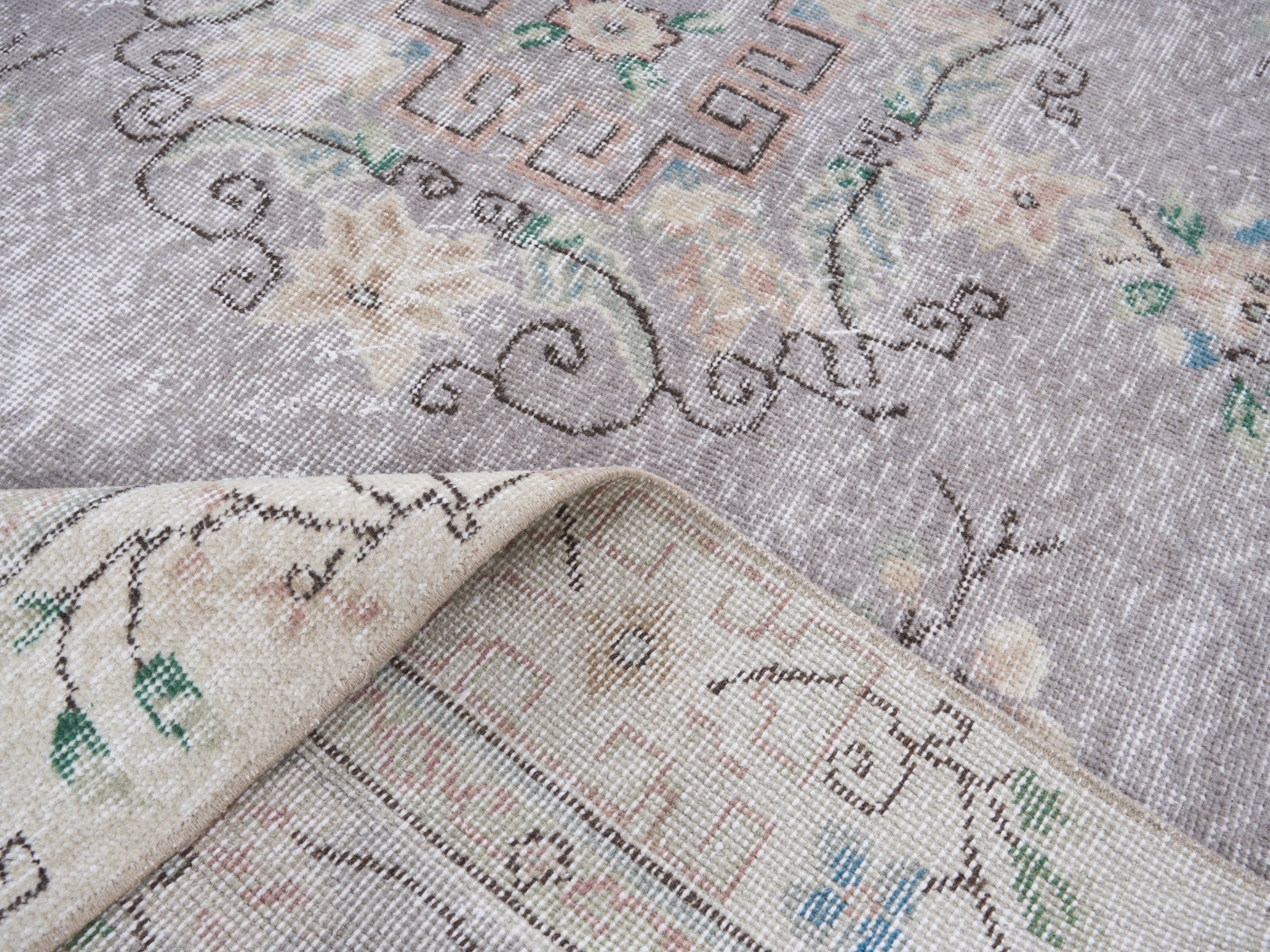 Turkish Isparta area rug in dusty blue and cream, view 9 of 10