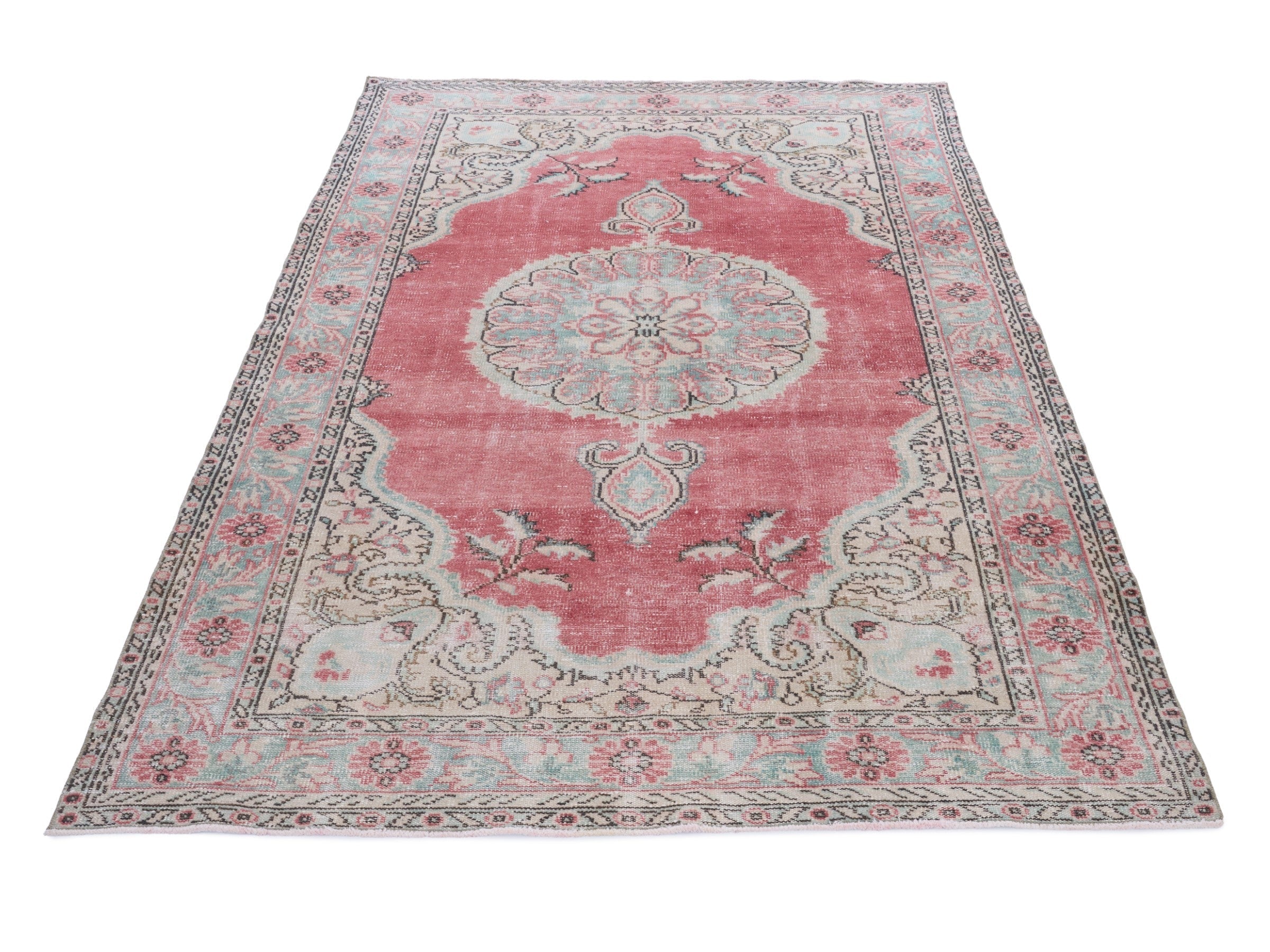 Turkish Manisa area rug in rose and cream, view 2 of 10