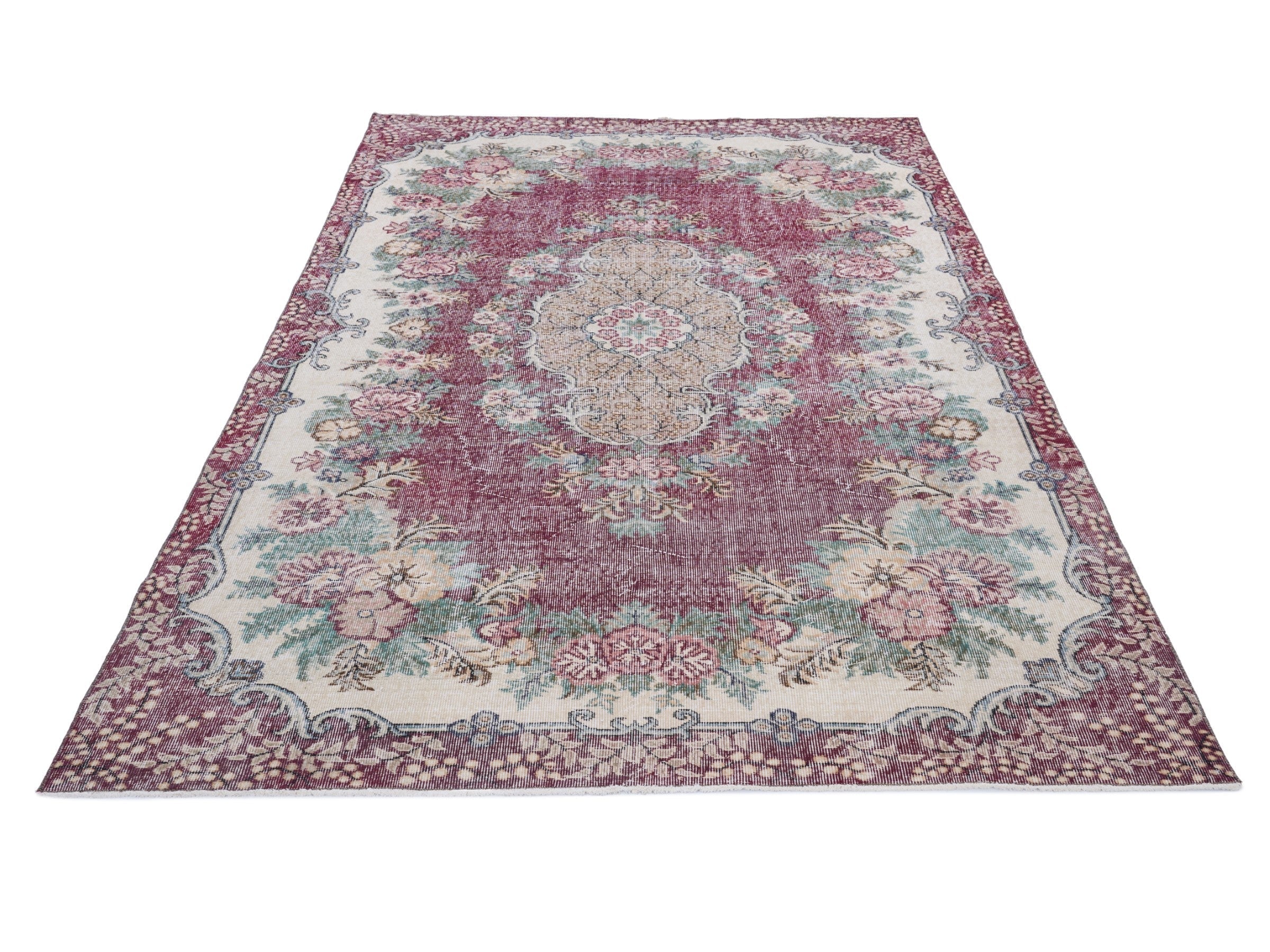 Turkish Isparta area rug in burgundy and off-white, view 2 of 10