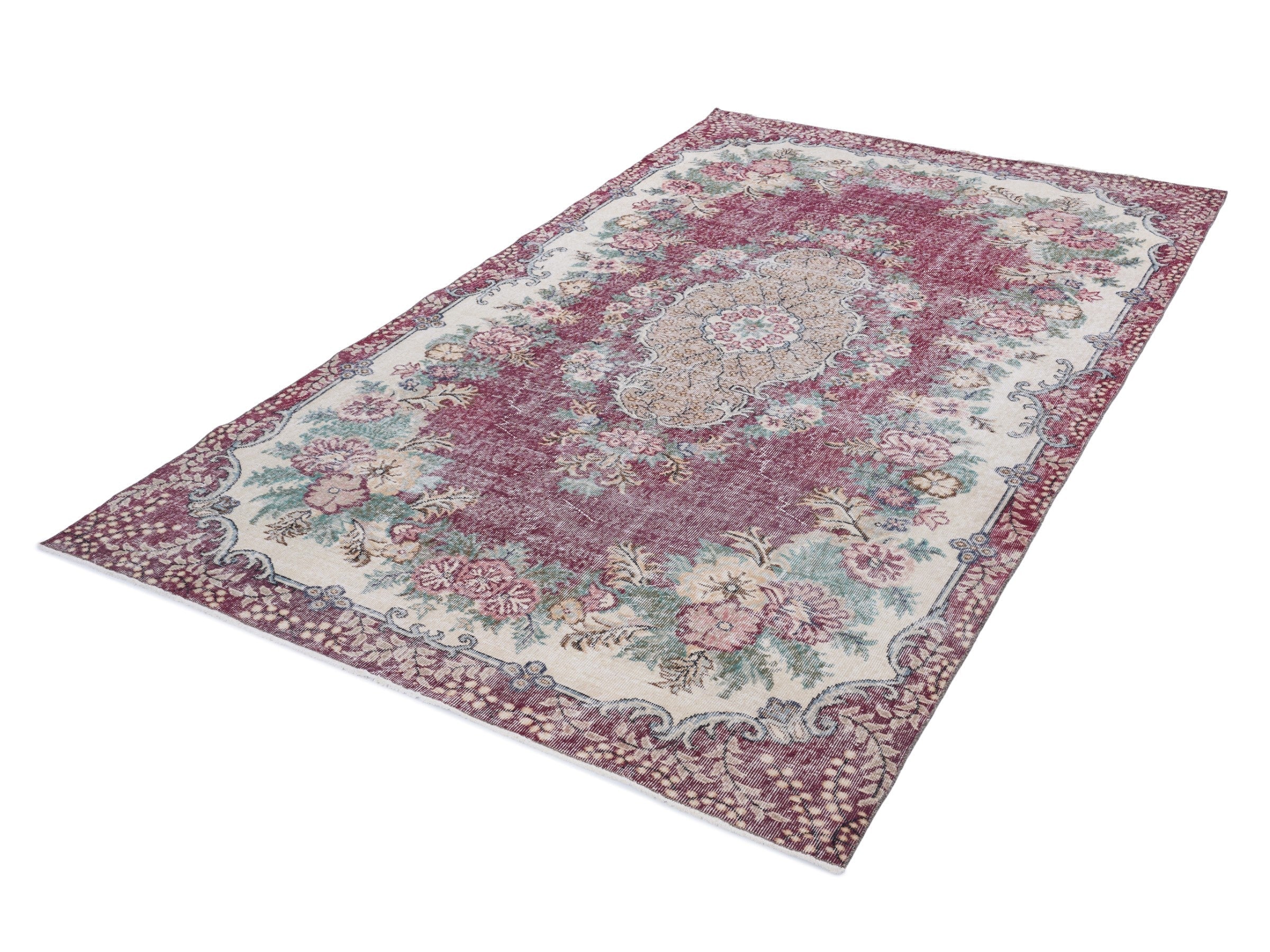 Turkish Isparta area rug in burgundy and off-white, view 3 of 10