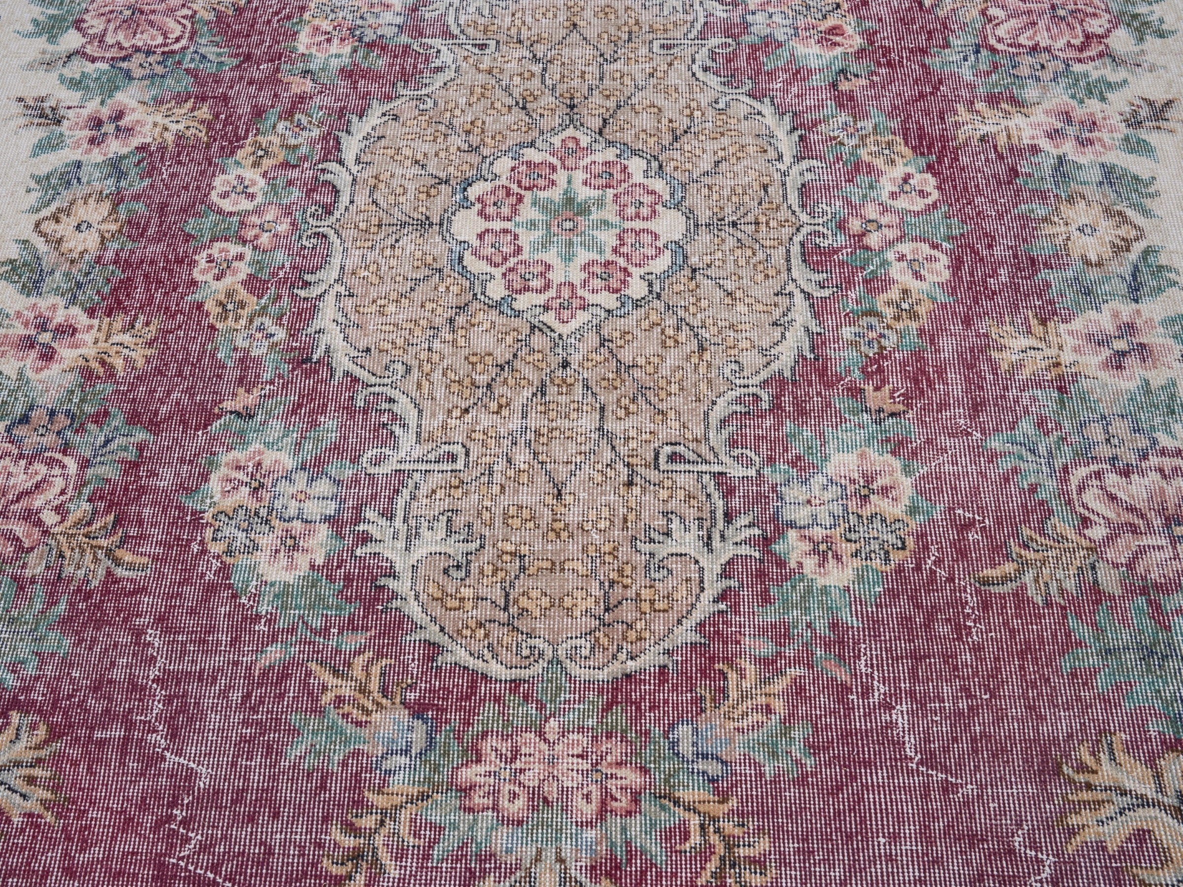 Turkish Isparta area rug in burgundy and off-white, view 4 of 10