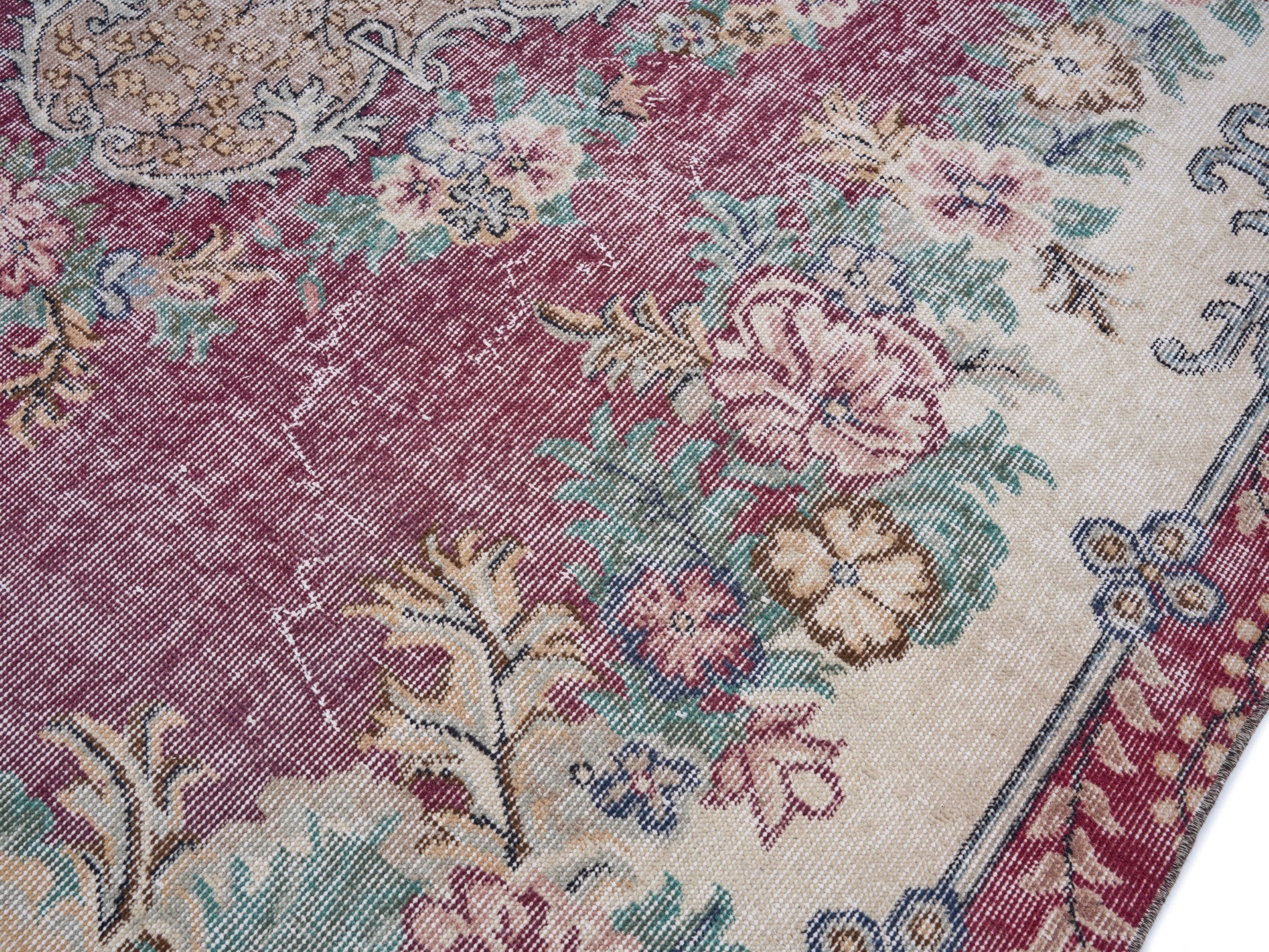 Turkish Isparta area rug in burgundy and off-white, view 5 of 10