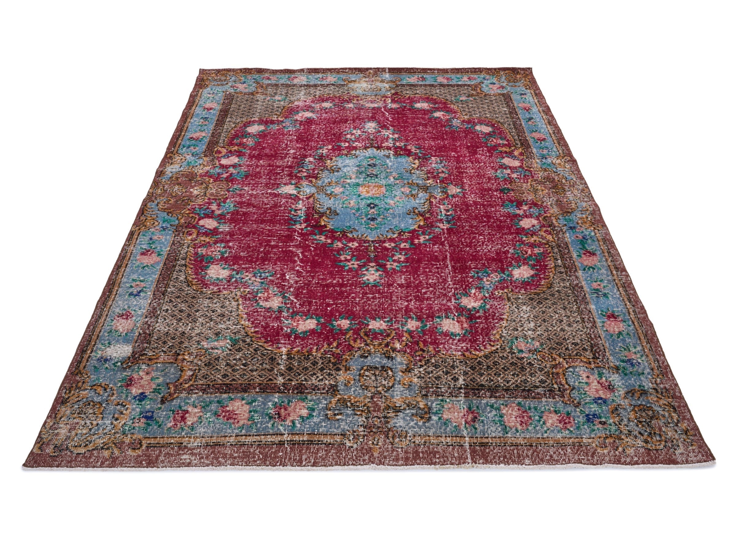 Turkish Isparta area rug in burgundy and teal, view 2 of 10