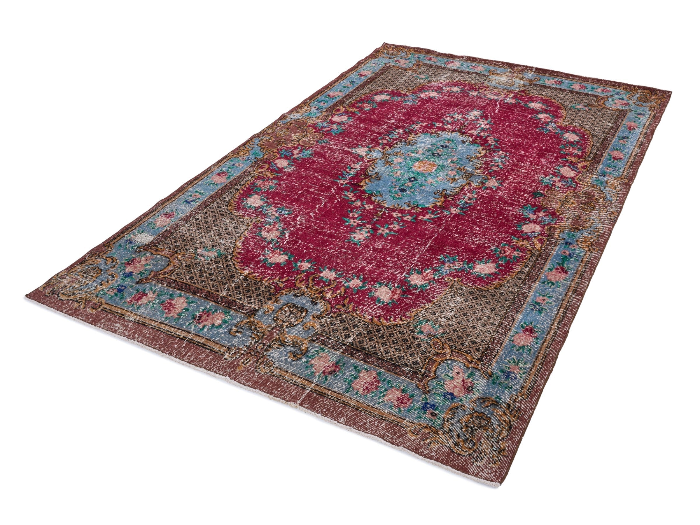 Turkish Isparta area rug in burgundy and teal, view 3 of 10