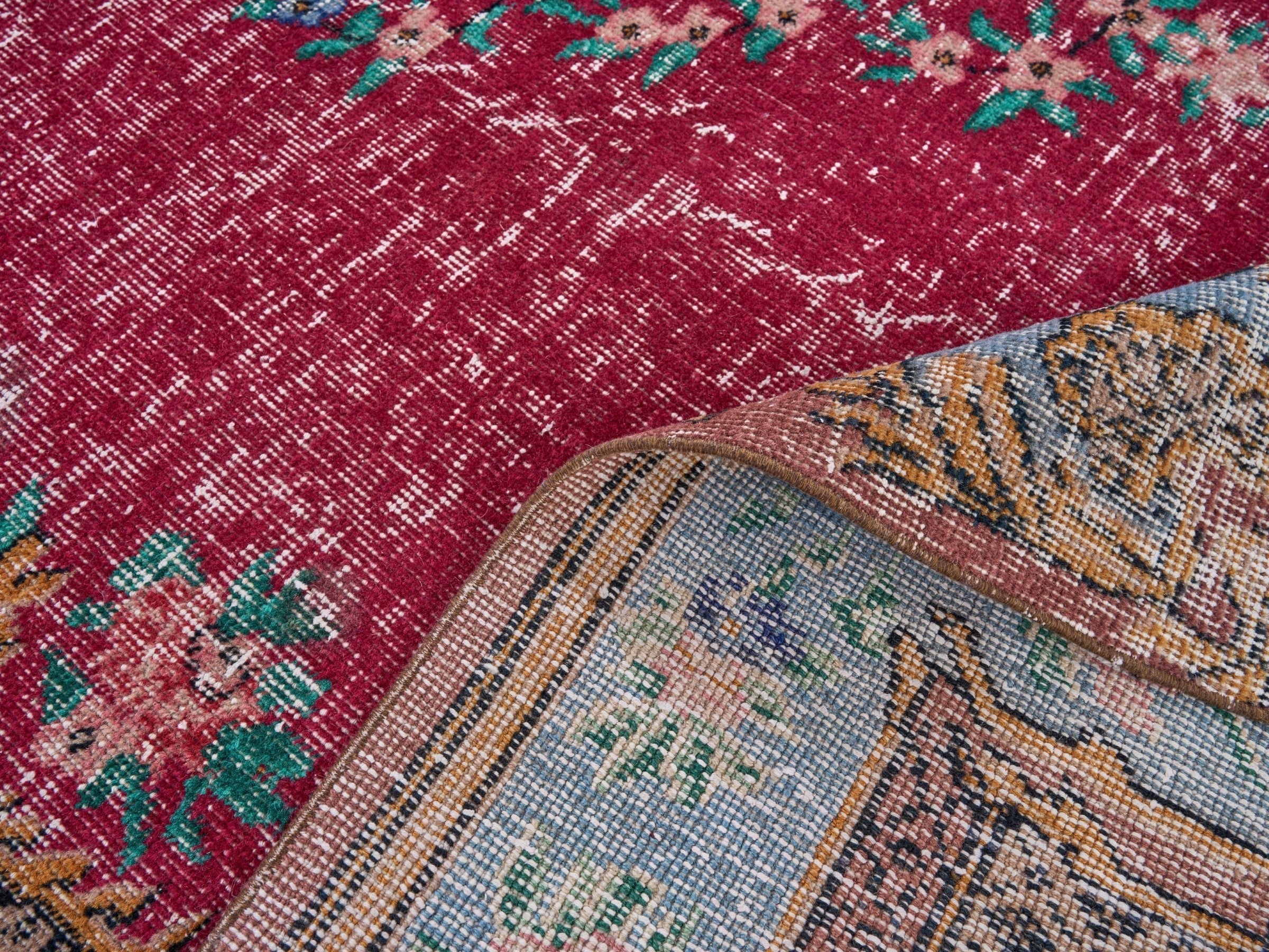 Turkish Isparta area rug in burgundy and teal, view 9 of 10