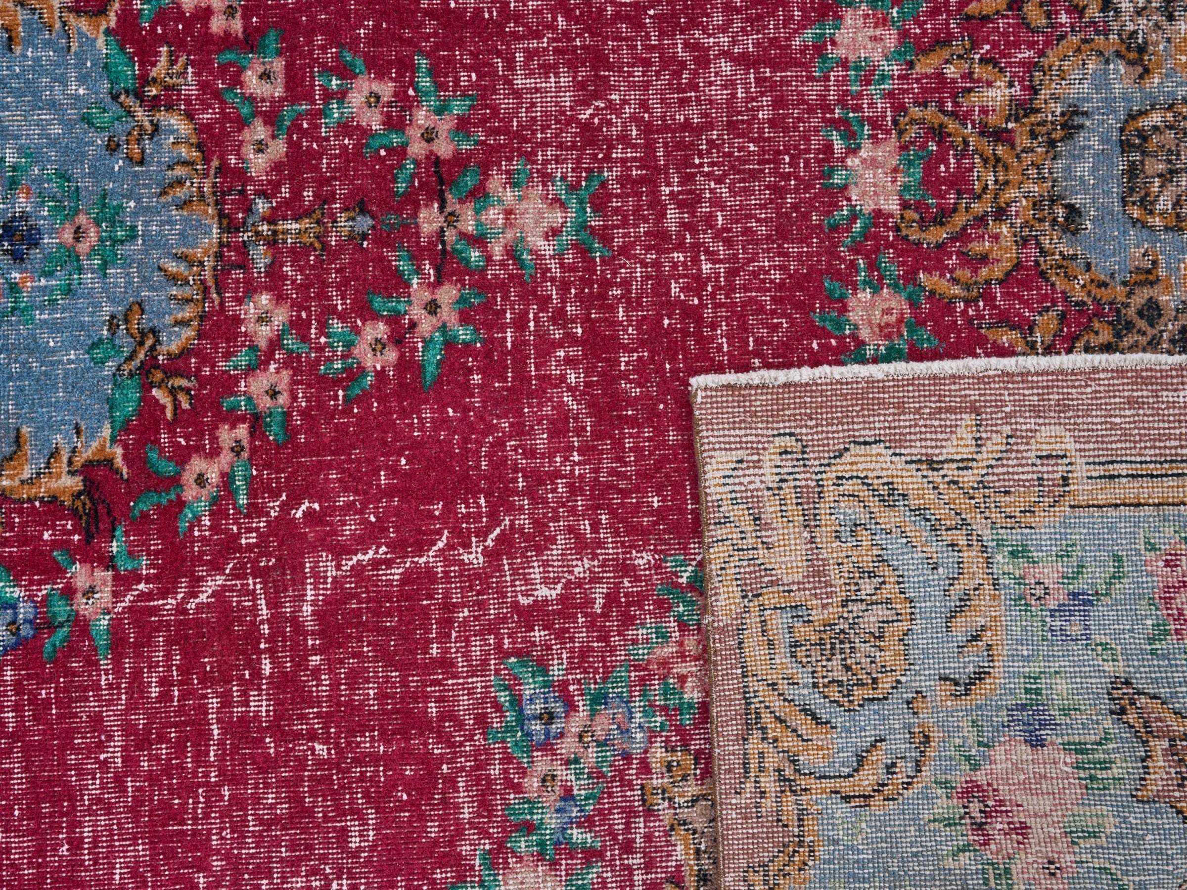 Turkish Isparta area rug in burgundy and teal, view 10 of 10