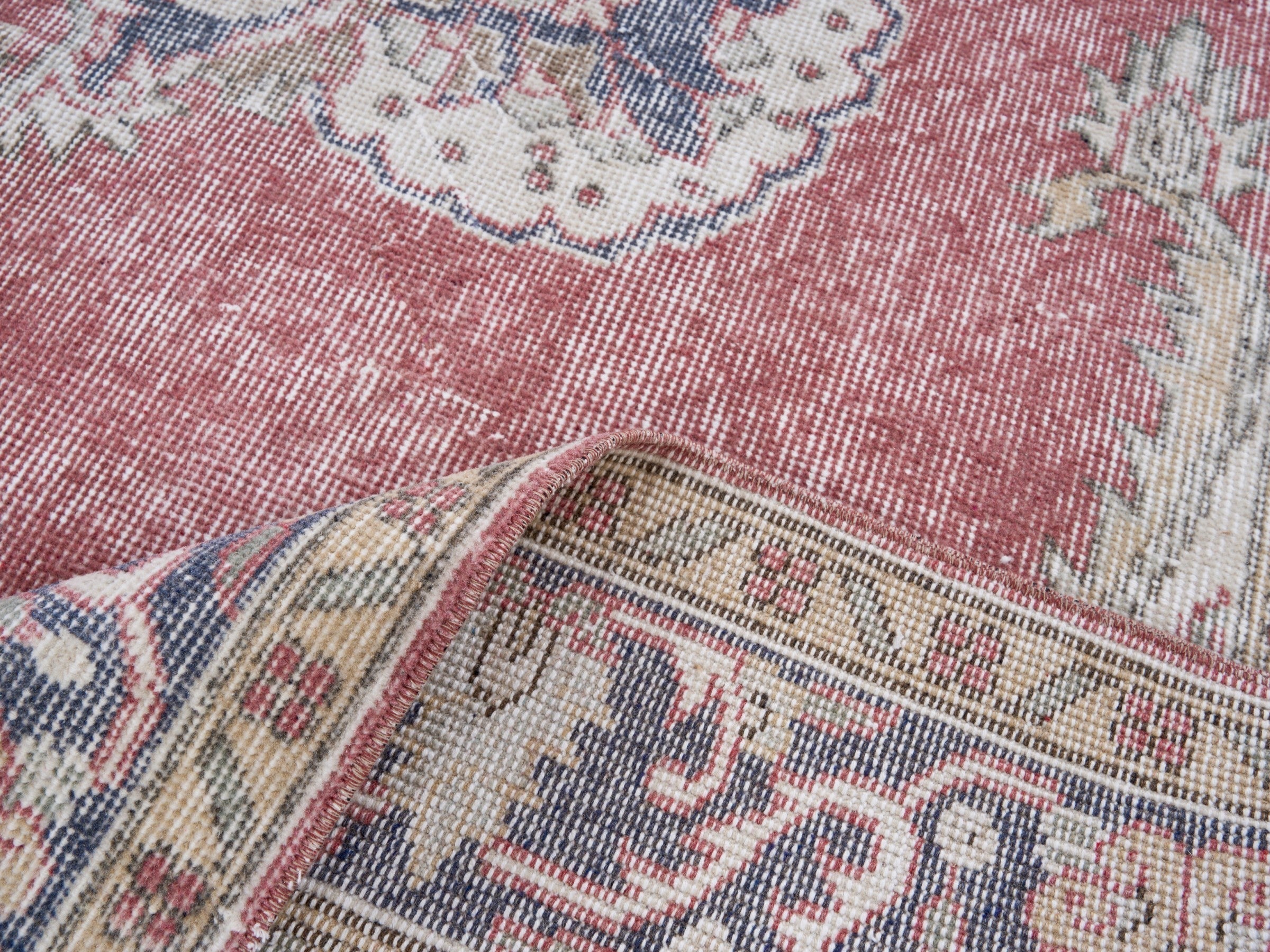 Turkish Isparta area rug in rose and cream, view 9 of 10