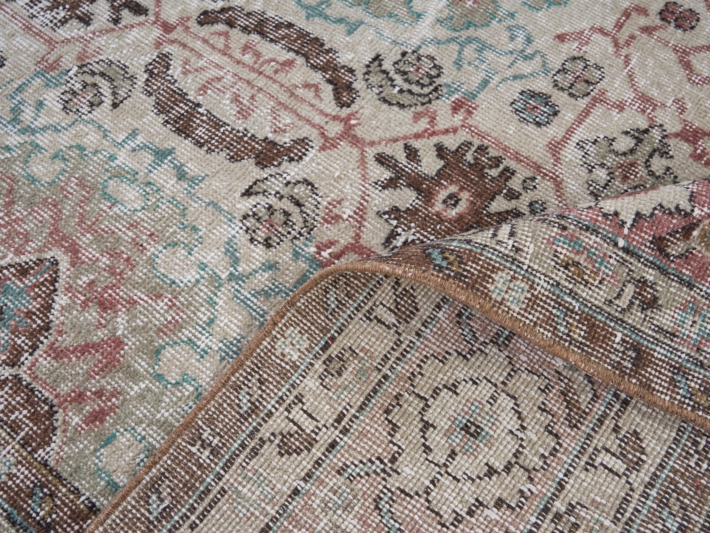 Turkish Isparta area rug in cream and dusty rose, view 9 of 10