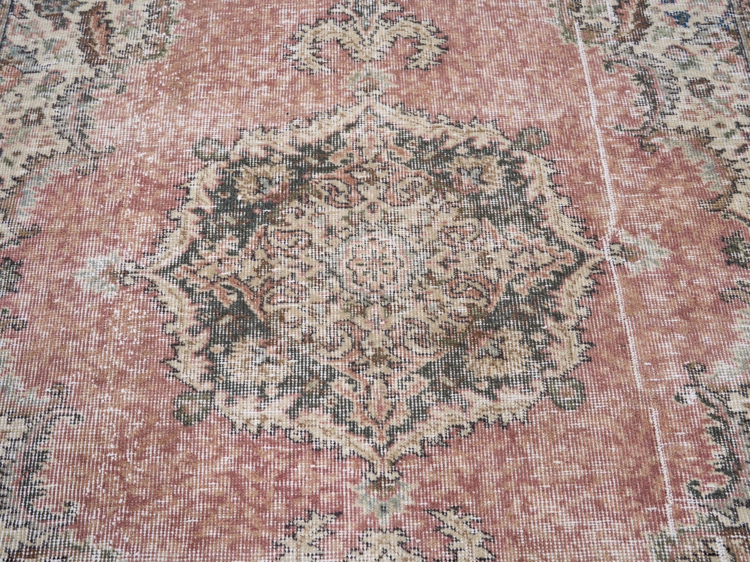 Turkish Isparta area rug in dusty rose and cream, view 4 of 10