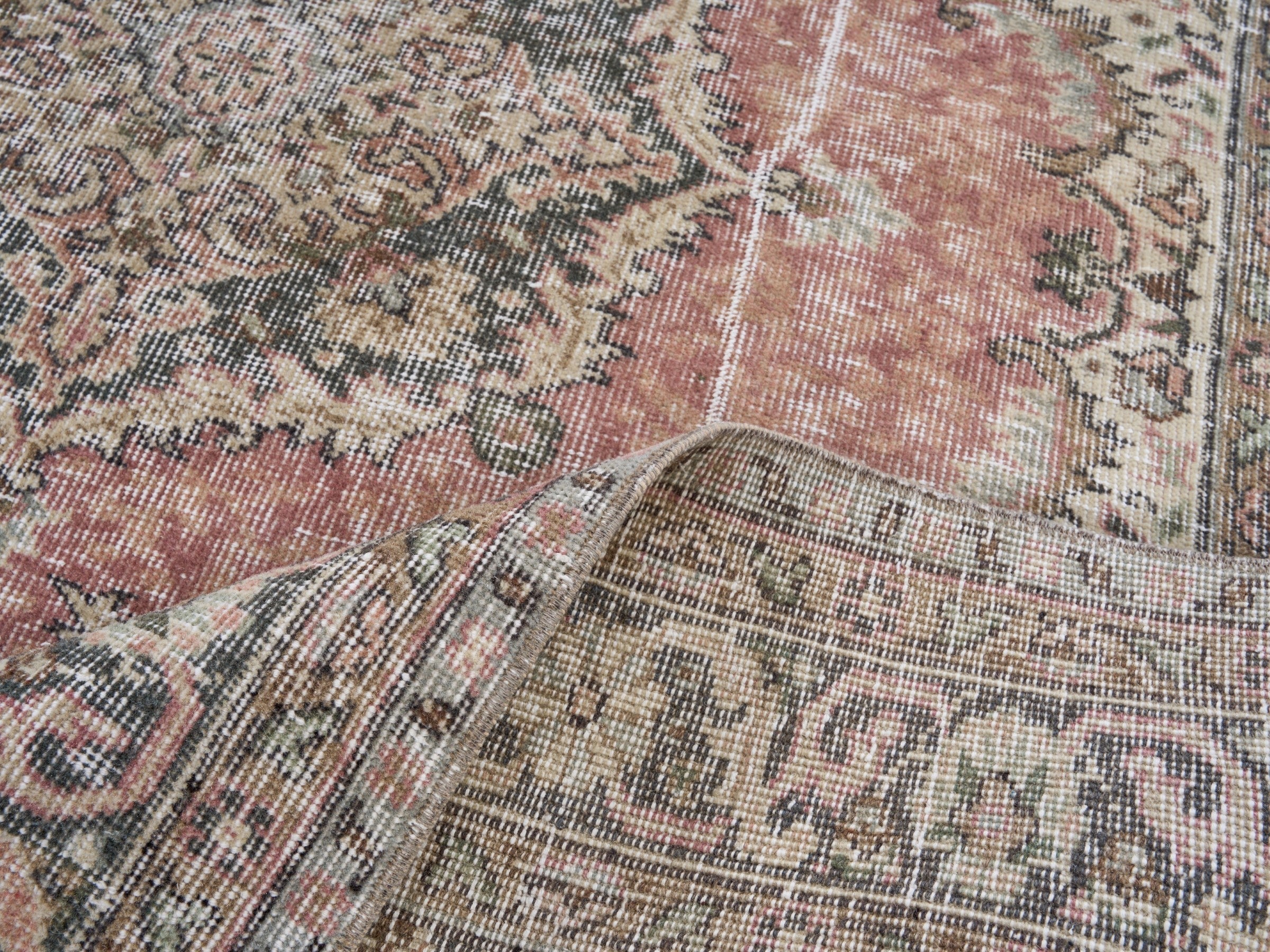 Turkish Isparta area rug in dusty rose and cream, view 9 of 10