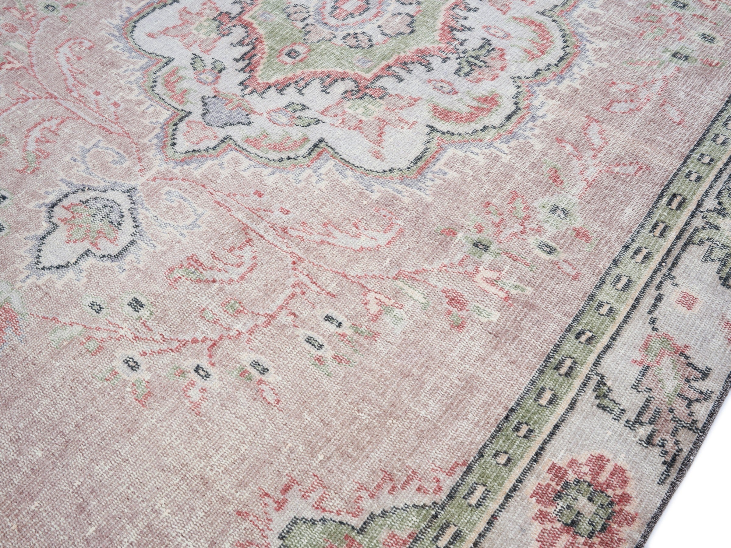 Turkish Manisa area rug in dusty rose and cream, view 5 of 10
