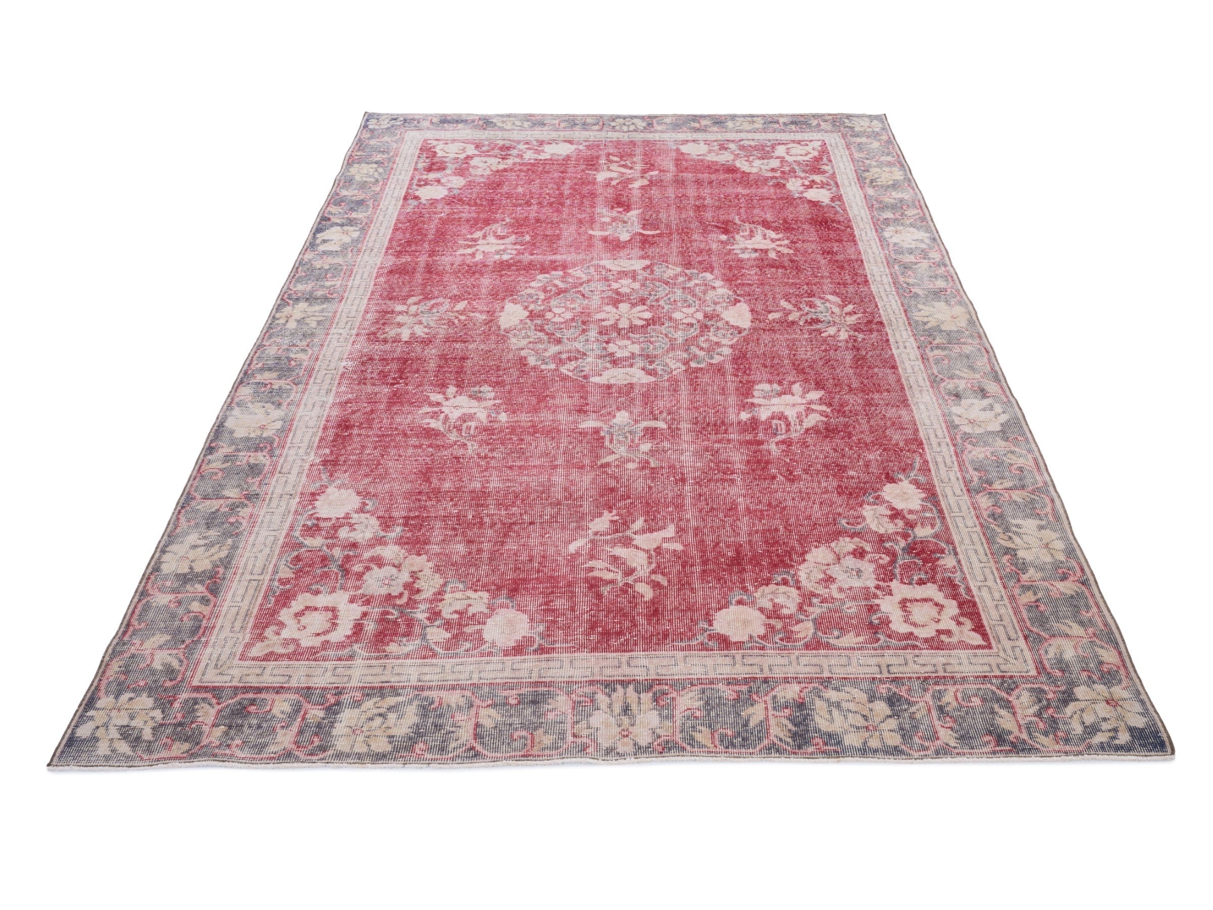 Turkish Isparta area rug in faded red and slate blue, view 2 of 10