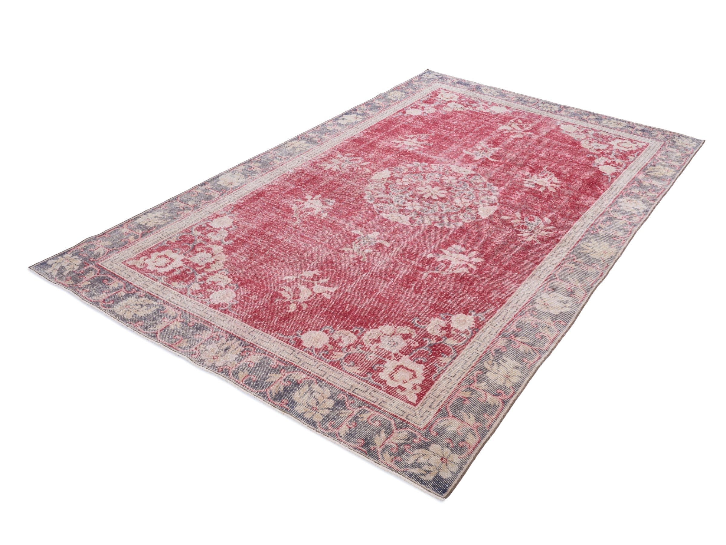 Turkish Isparta area rug in faded red and slate blue, view 3 of 10