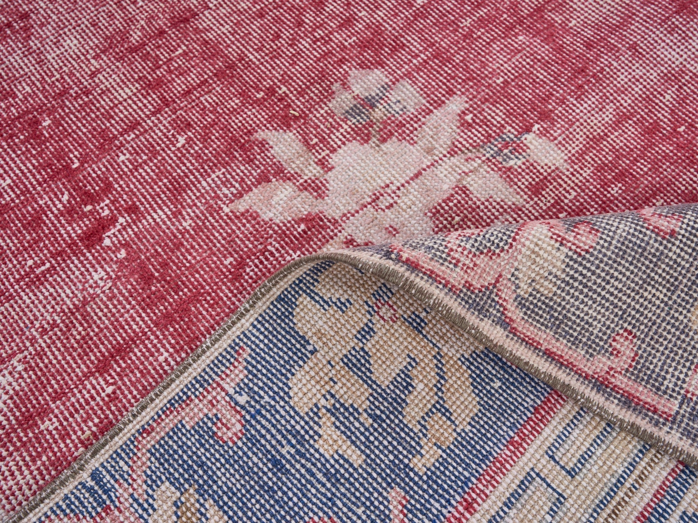 Turkish Isparta area rug in faded red and slate blue, view 9 of 10