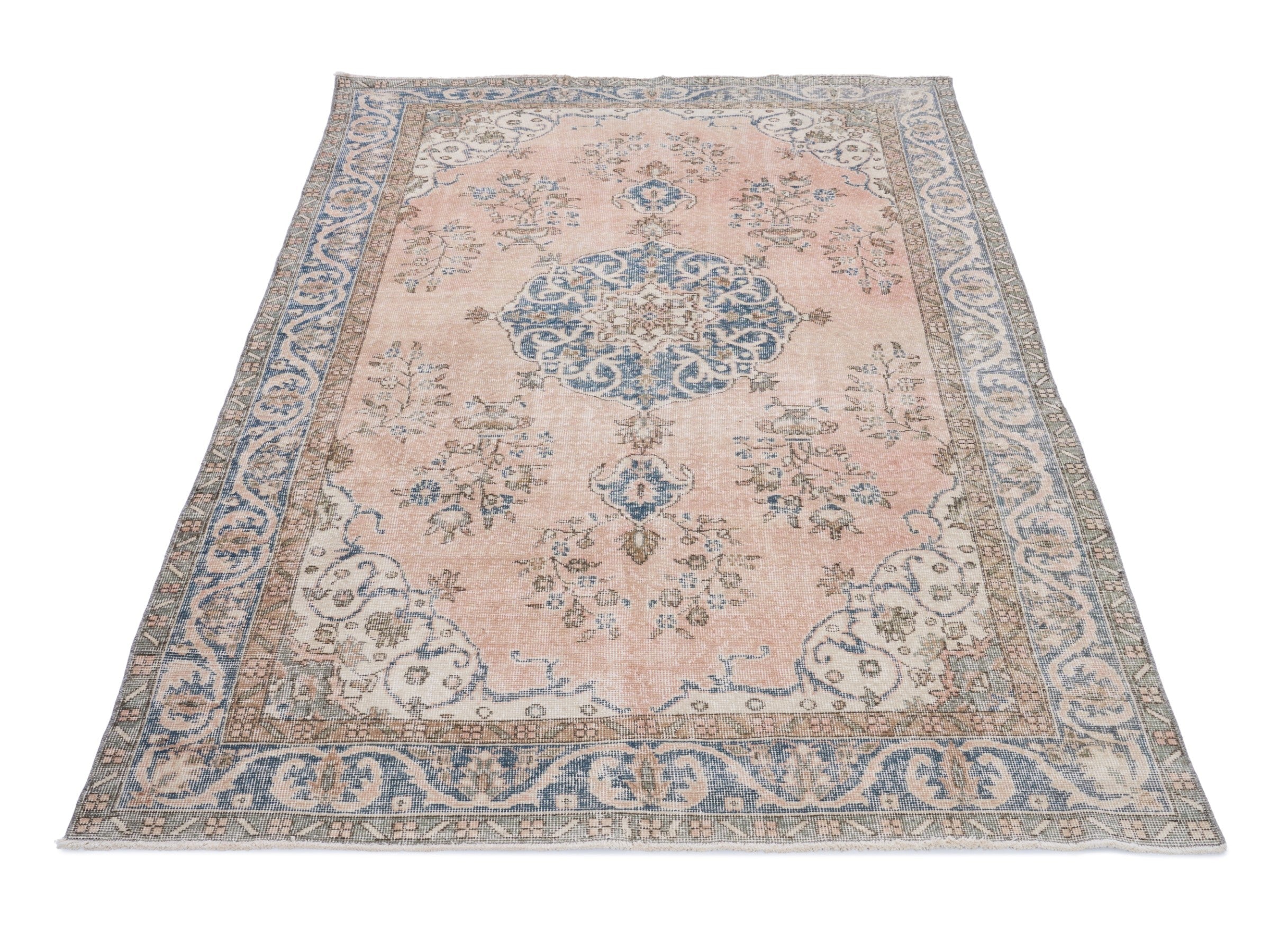 Turkish Isparta area rug in muted pink and denim, view 2 of 10