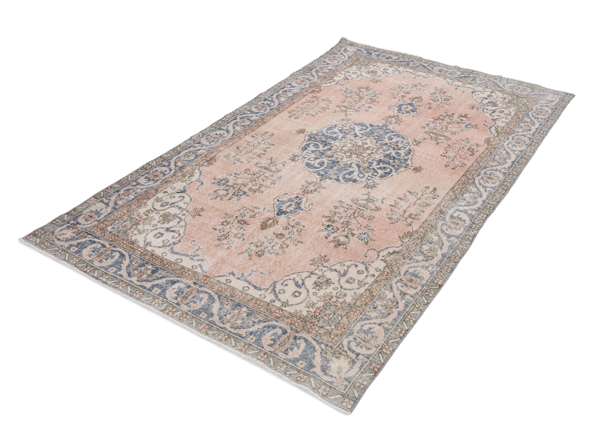 Turkish Isparta area rug in muted pink and denim, view 3 of 10