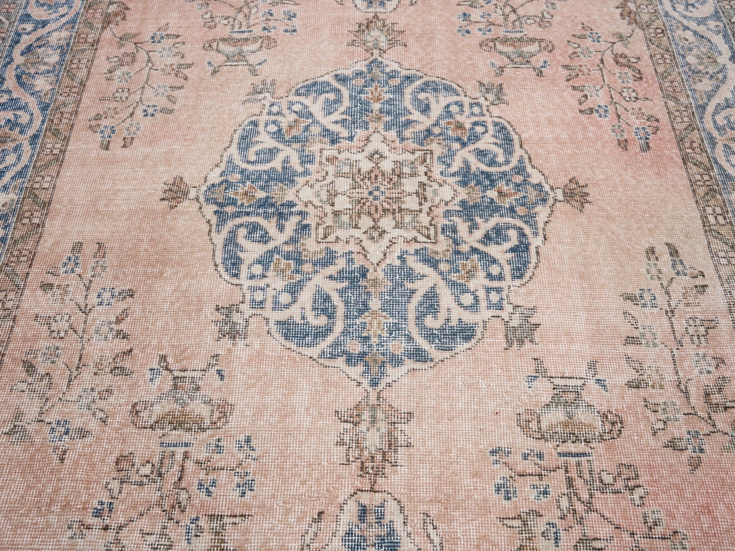 Turkish Isparta area rug in muted pink and denim, view 4 of 10