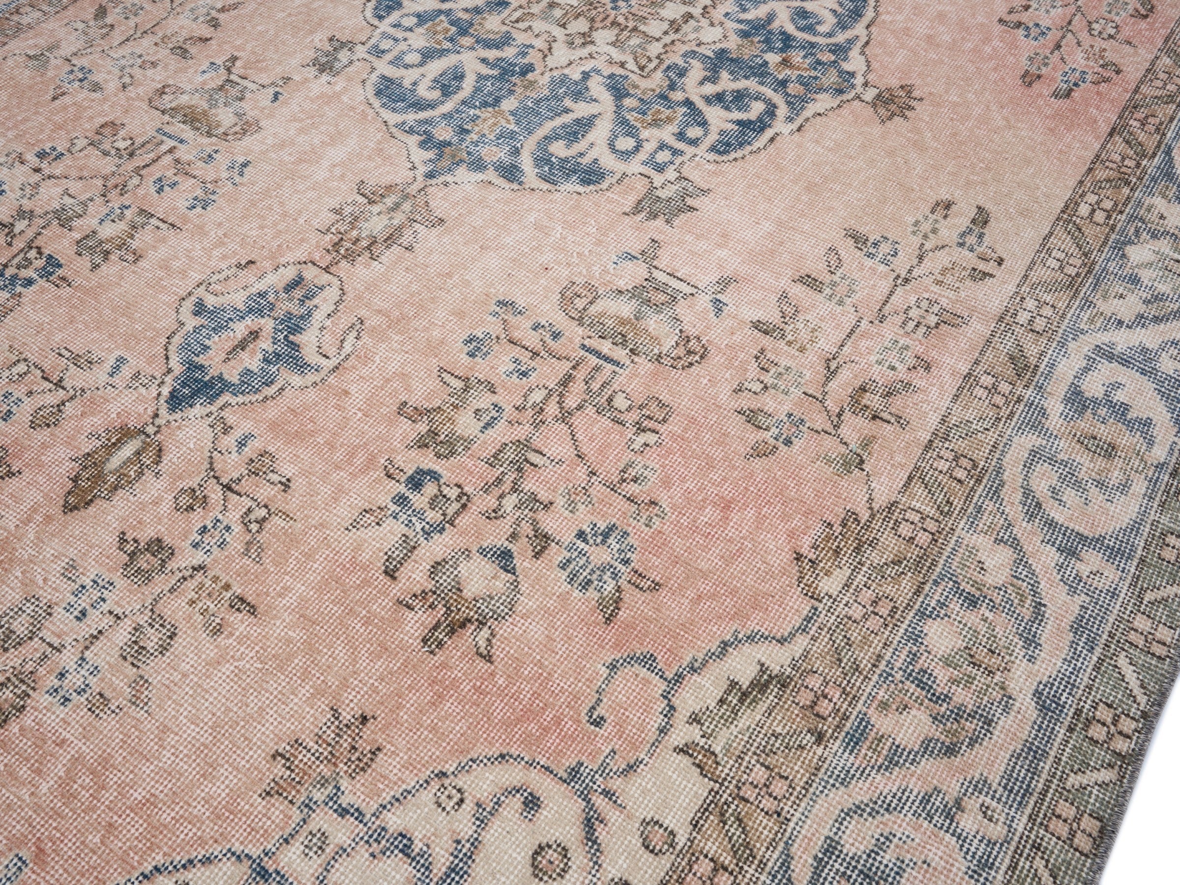 Turkish Isparta area rug in muted pink and denim, view 5 of 10
