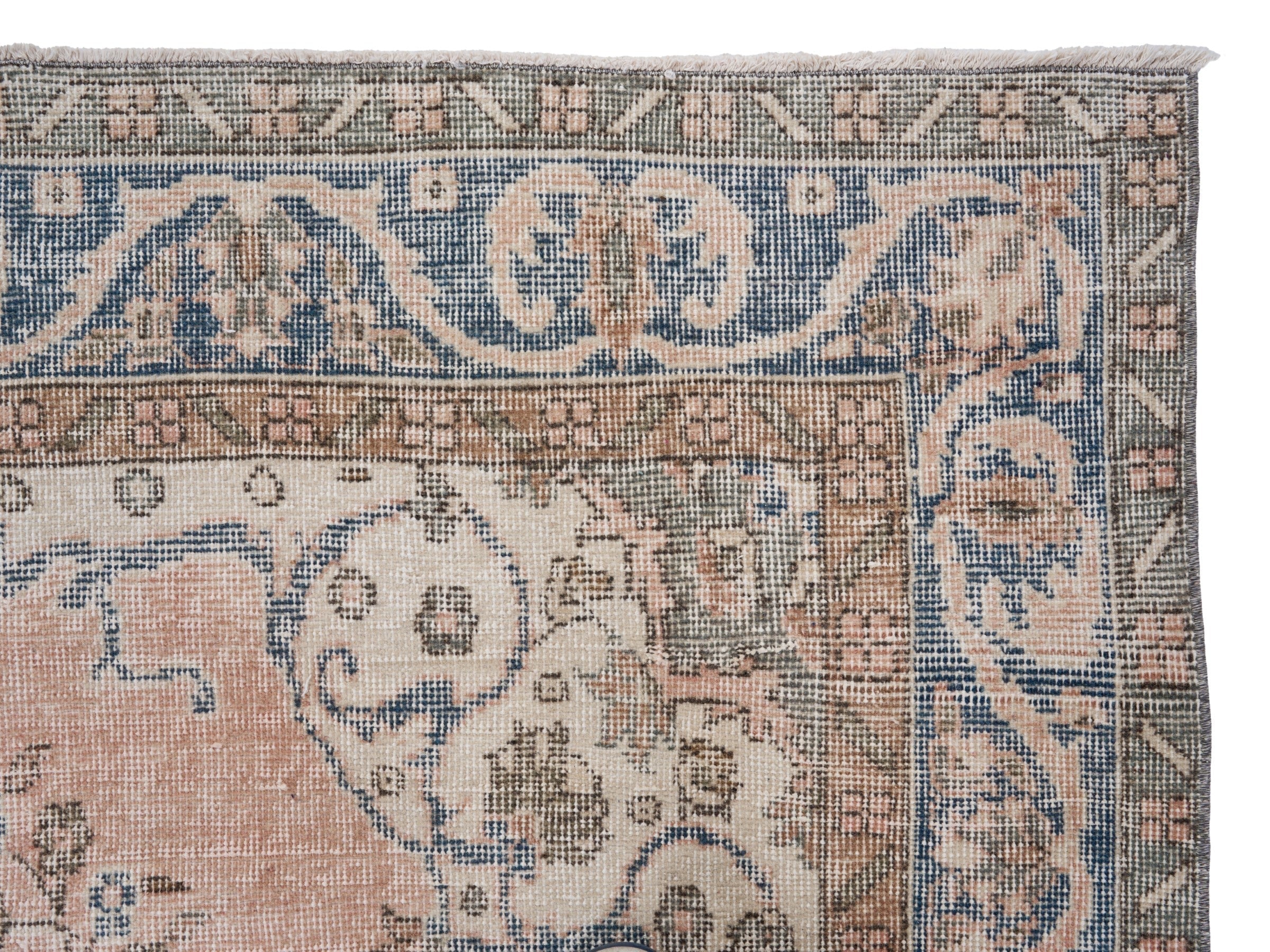 Turkish Isparta area rug in muted pink and denim, view 8 of 10