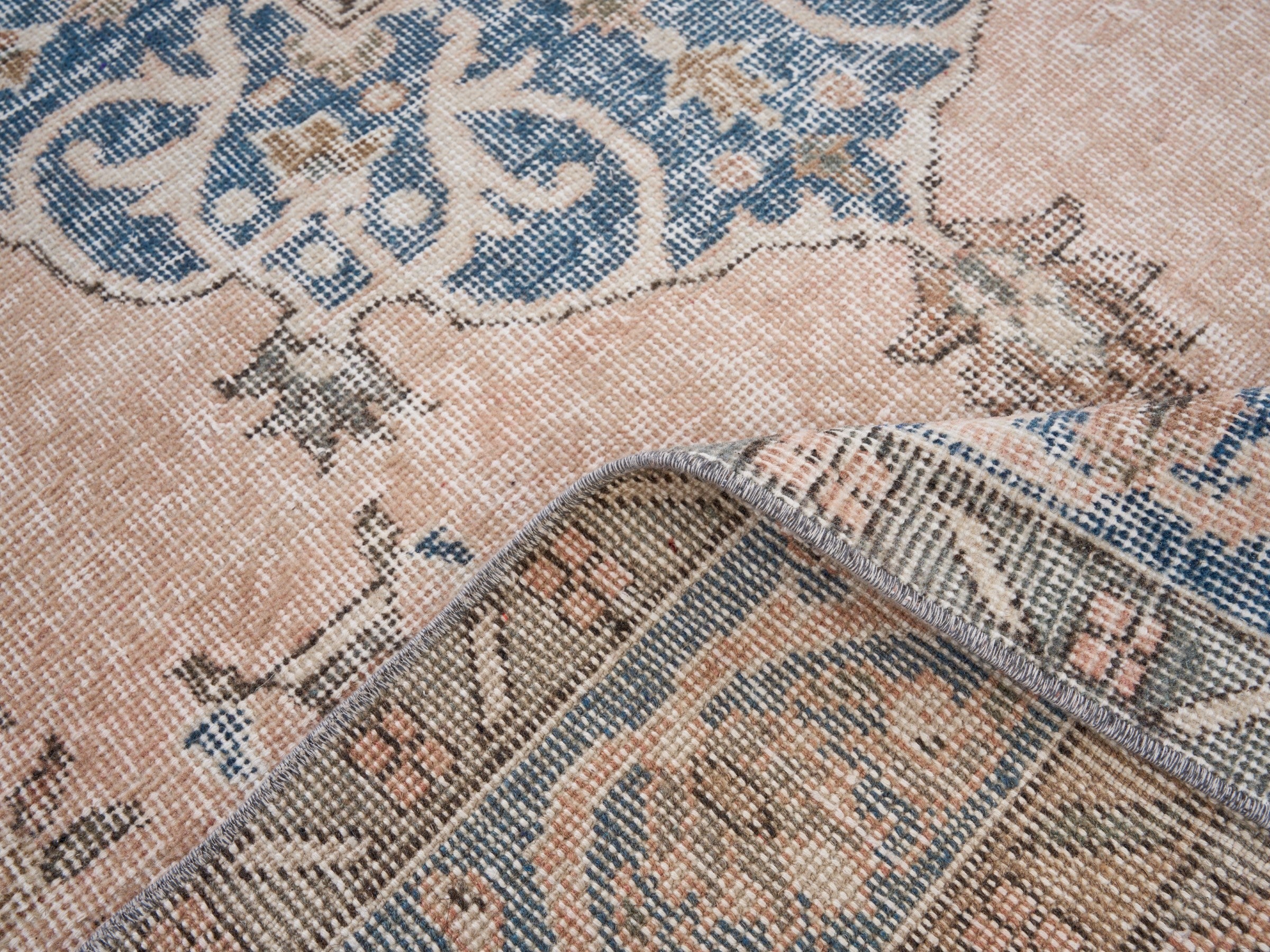 Turkish Isparta area rug in muted pink and denim, view 9 of 10