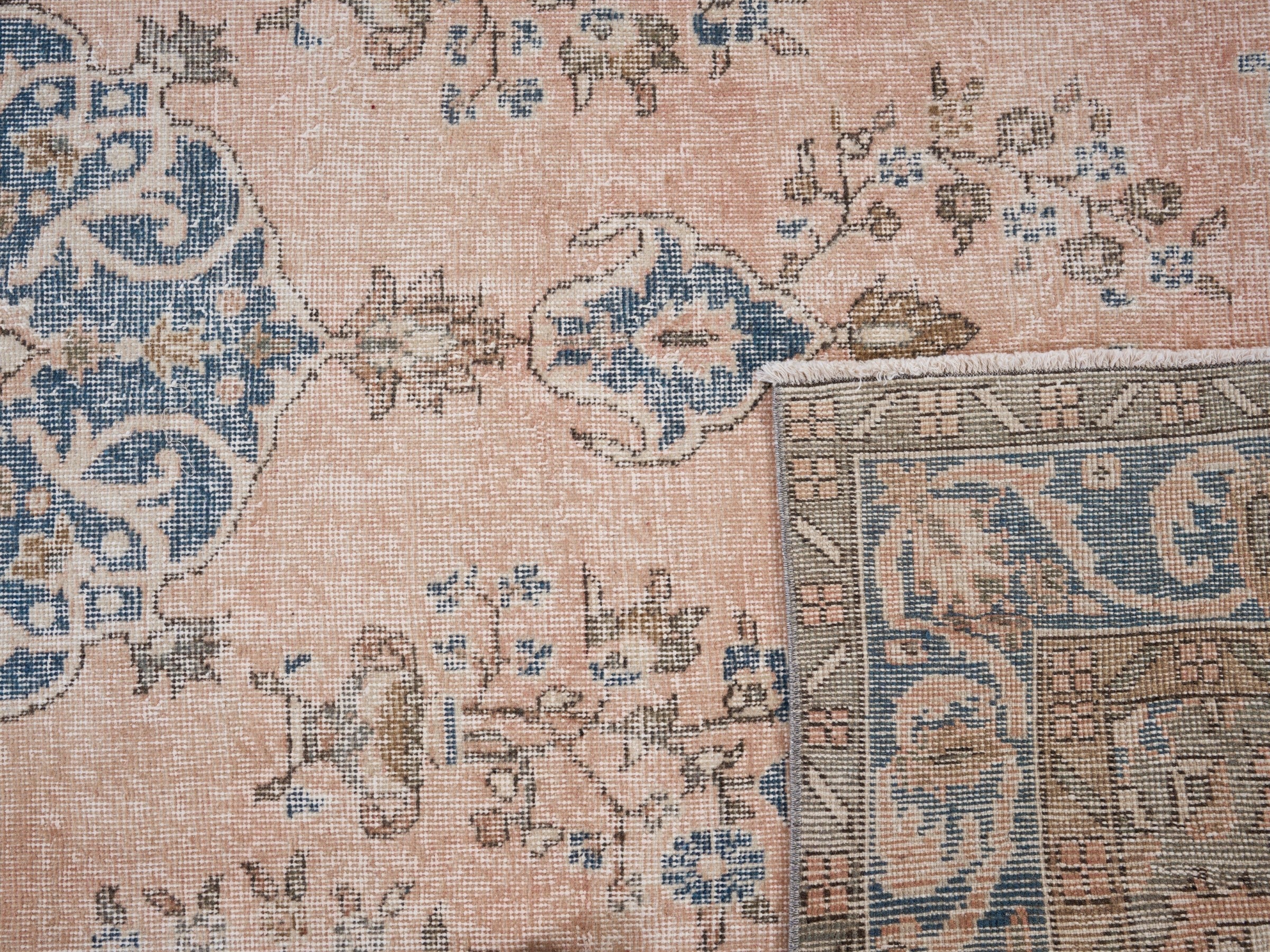 Turkish Isparta area rug in muted pink and denim, view 10 of 10