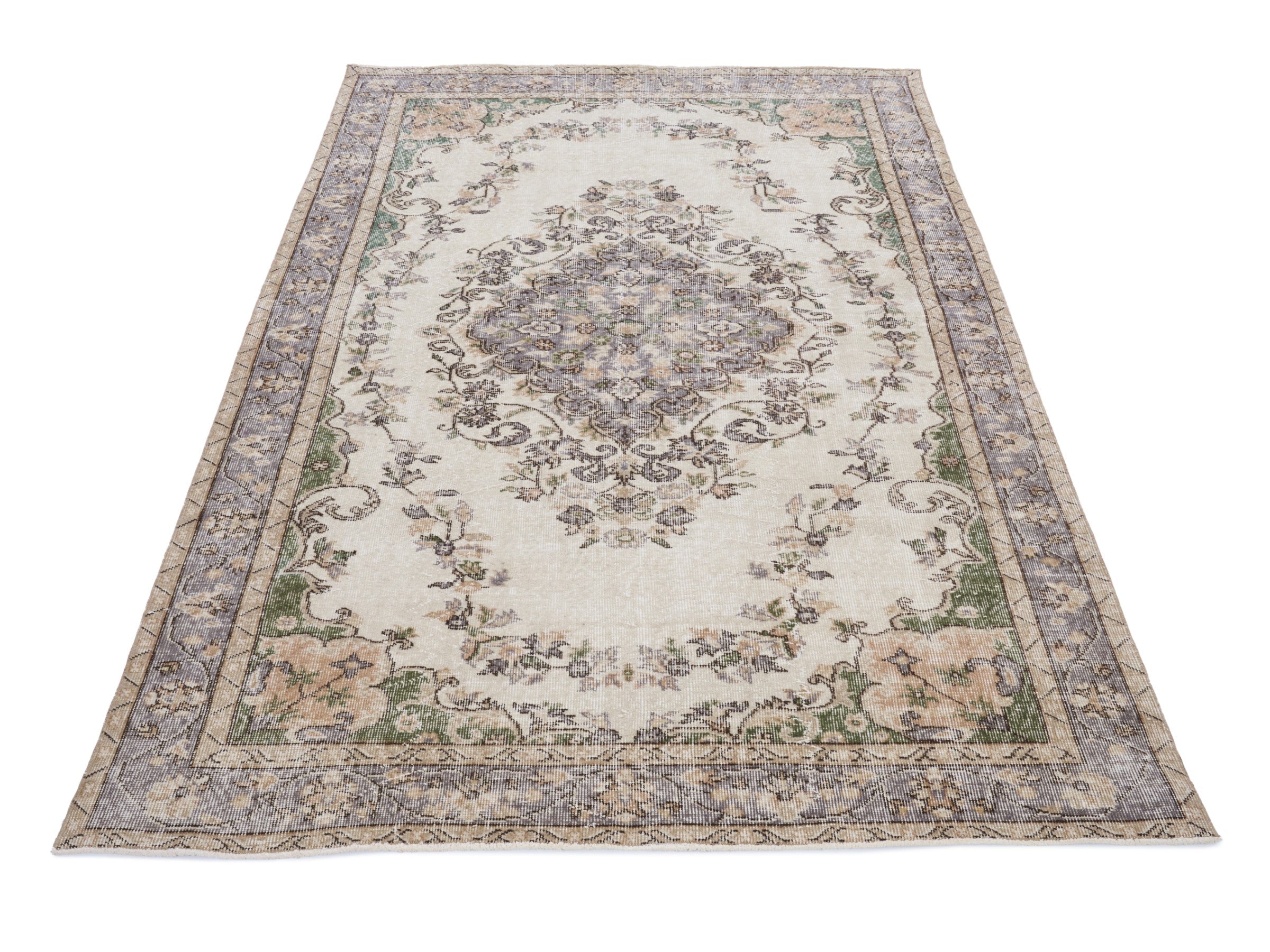 Turkish Isparta area rug in cream and sage, view 2 of 10