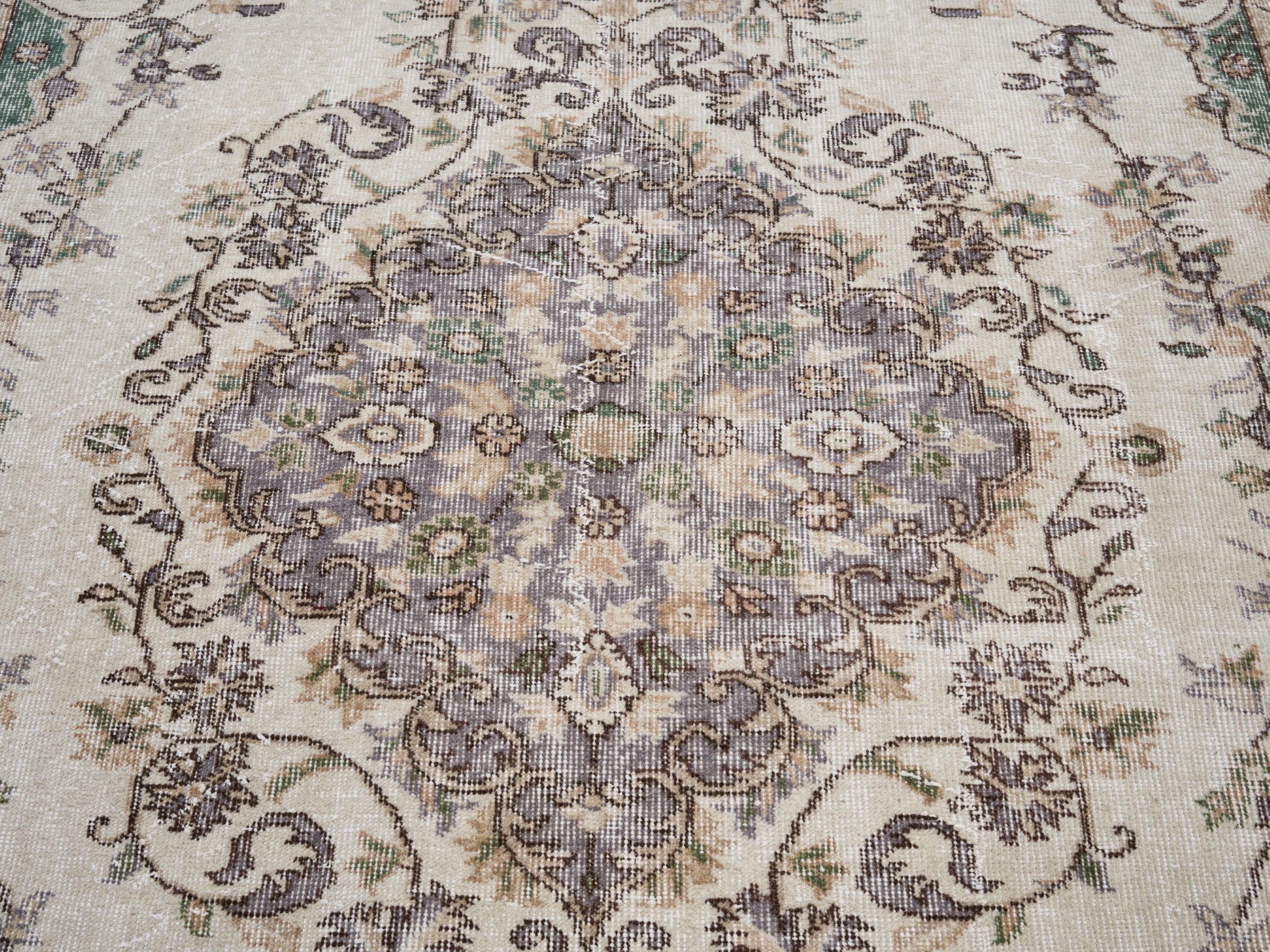 Turkish Isparta area rug in cream and sage, view 4 of 10