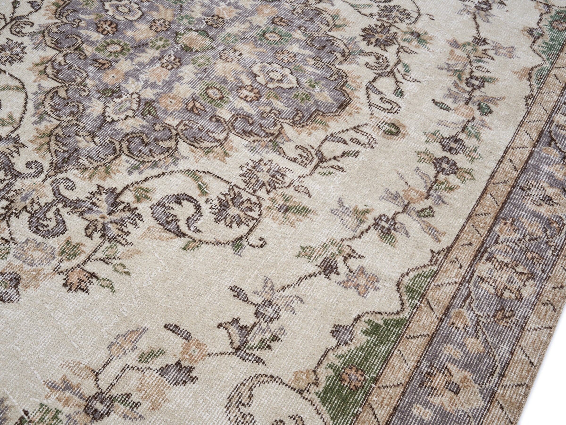 Turkish Isparta area rug in cream and sage, view 5 of 10