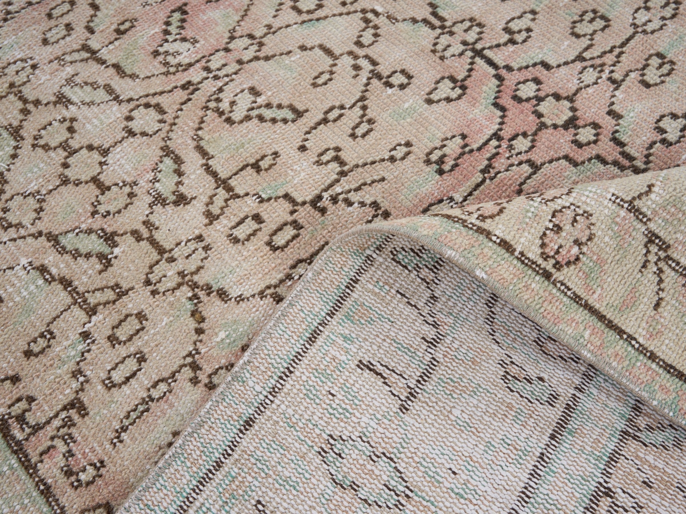 Turkish Manisa area rug in muted pink and greige, view 9 of 10