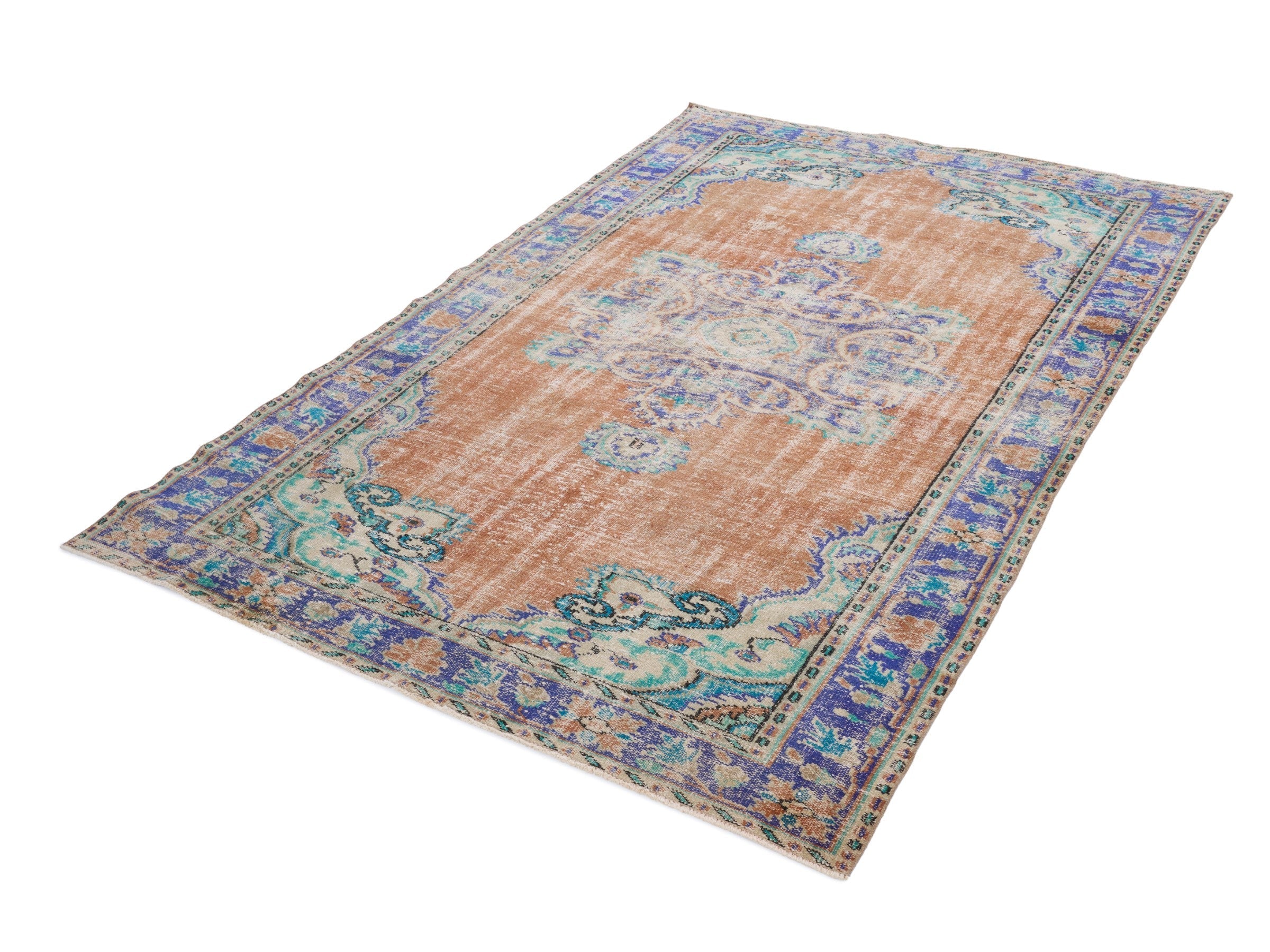 Turkish Manisa area rug in terracotta and navy, view 3 of 10