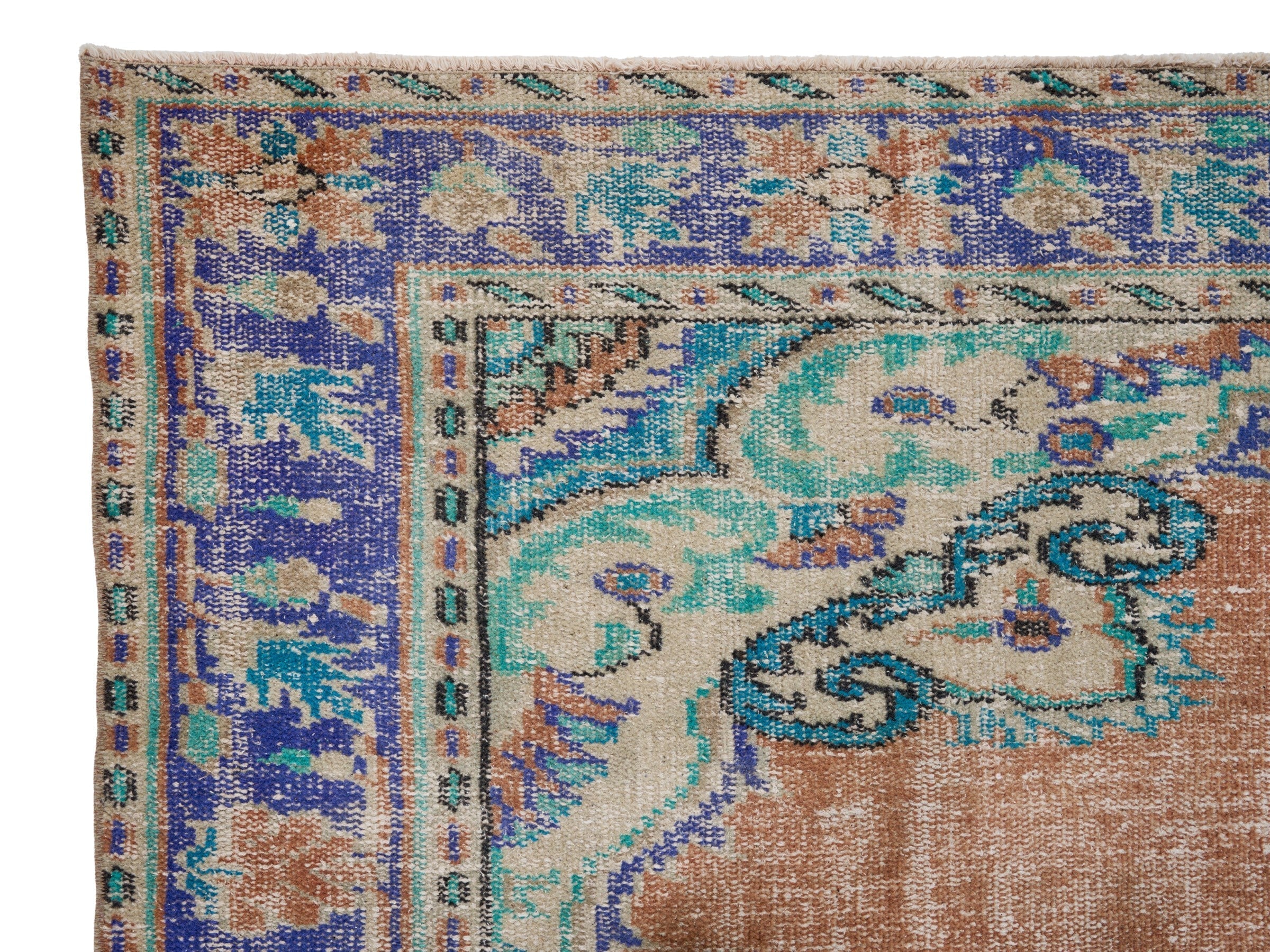 Turkish Manisa area rug in terracotta and navy, view 8 of 10