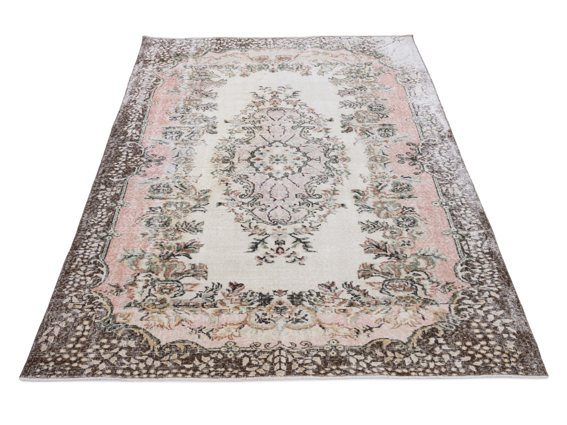 Turkish Isparta area rug in cream and muted pink, view 2 of 10