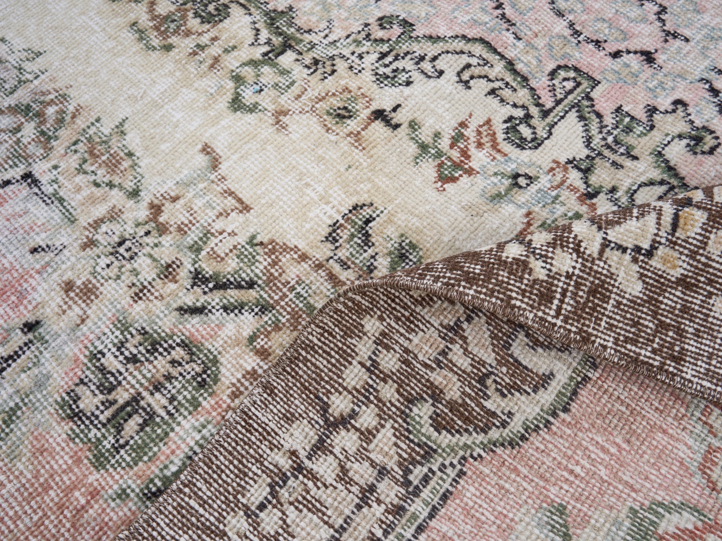Turkish Isparta area rug in cream and muted pink, view 9 of 10