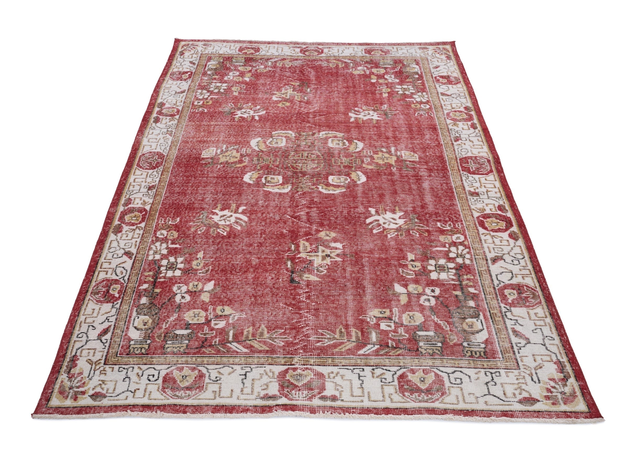 Turkish Isparta area rug in burgundy and off-white, view 2 of 10